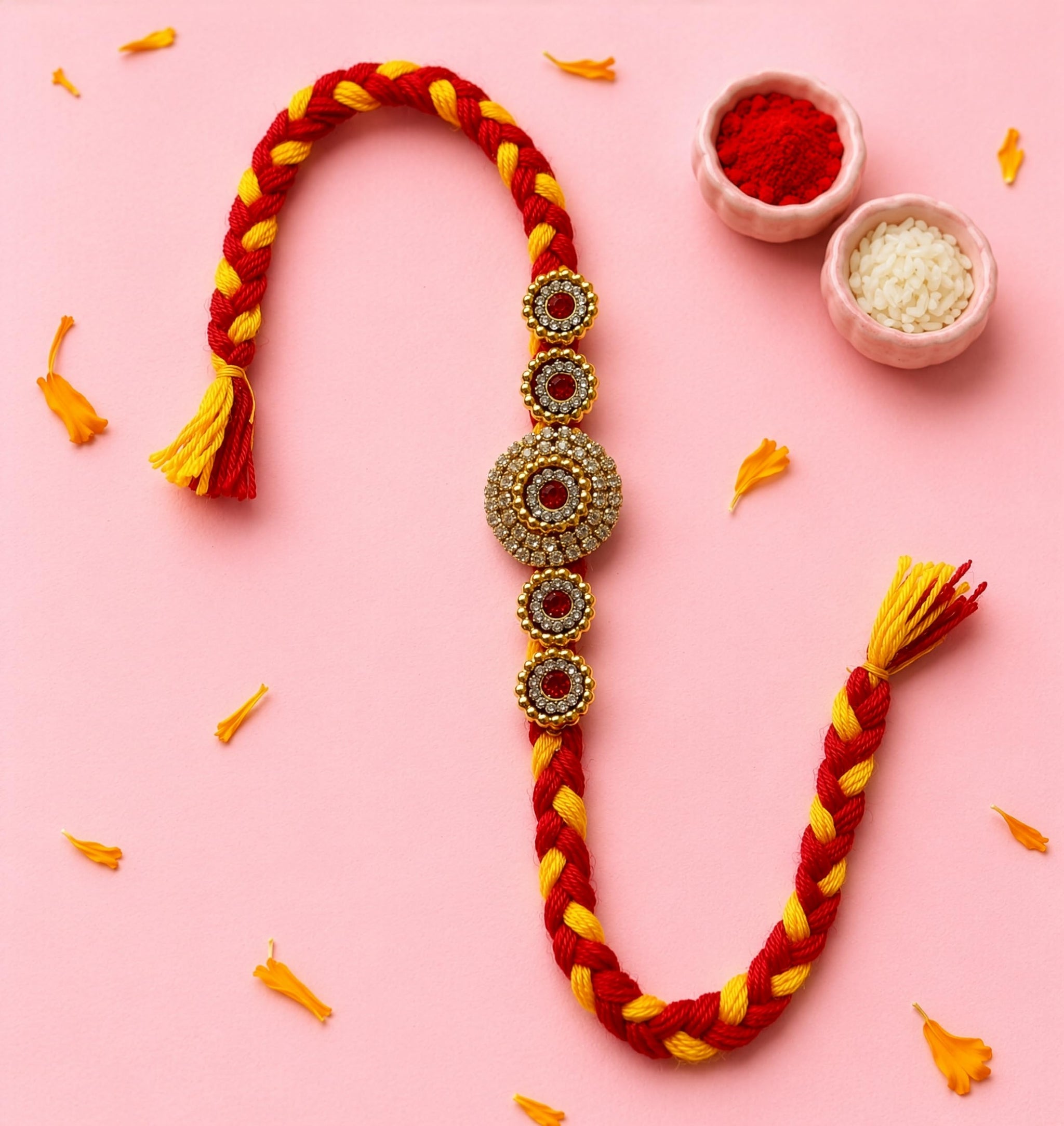 ARADHANA RAKHIS Traditional Rakhi Set of 5 for brother with roli chawal | Stylish Designer Rakhdi | Raksha Bandhan - front vi