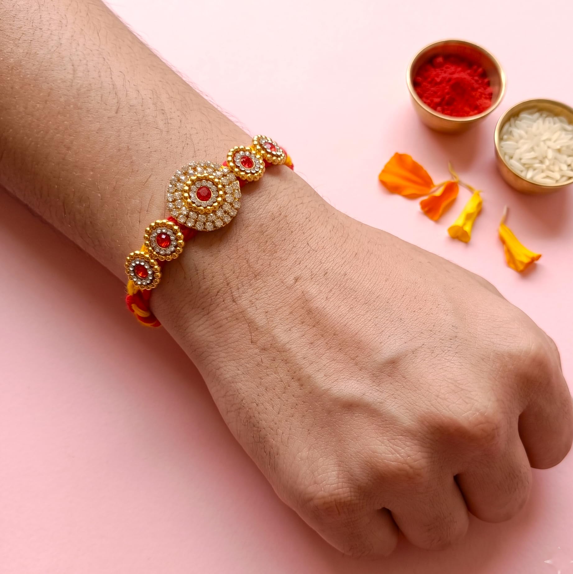 ARADHANA RAKHIS Traditional Rakhi Set of 5 for brother with roli chawal | Stylish Designer Rakhdi | Raksha Bandhan - back vie