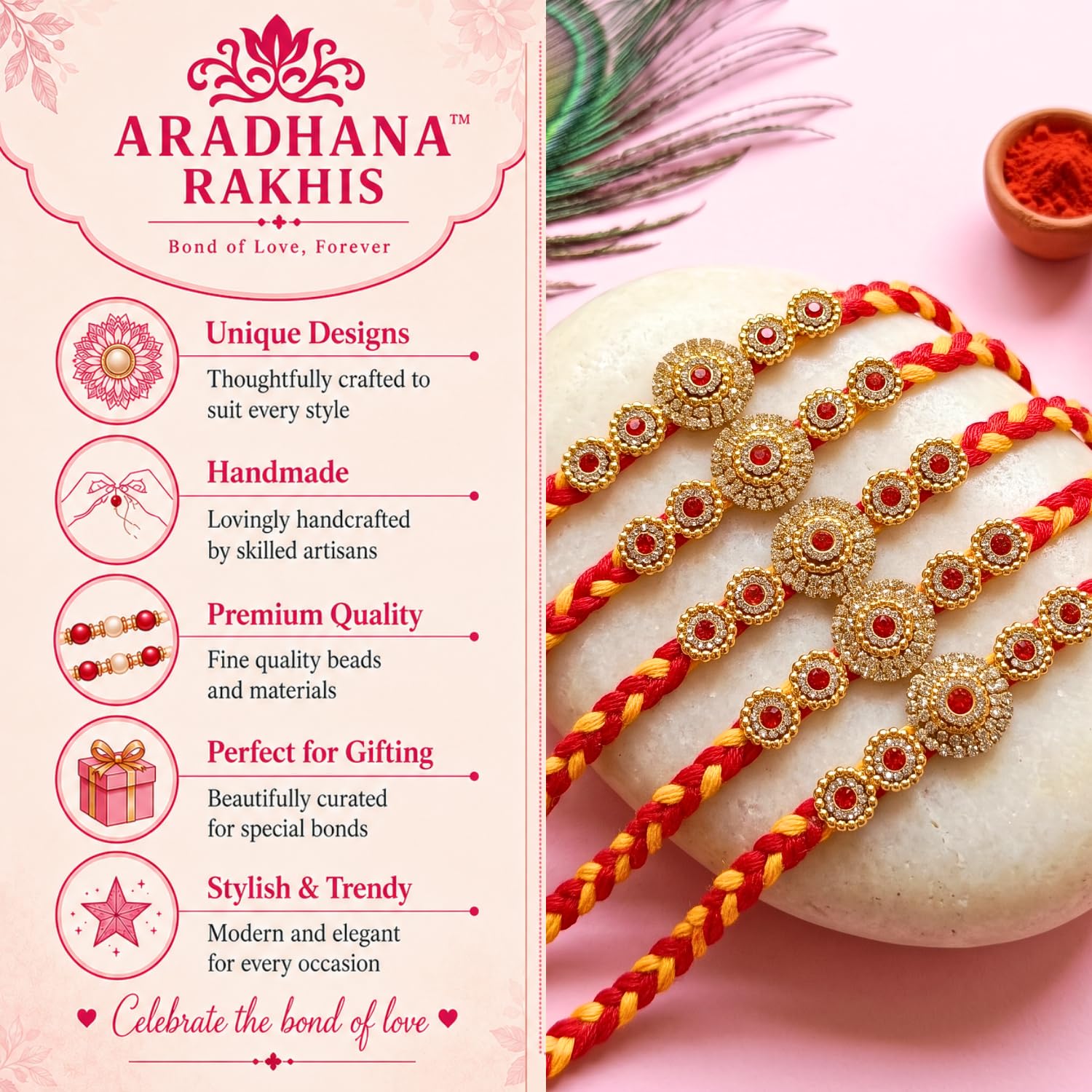 ARADHANA RAKHIS Traditional Rakhi Set of 5 for brother with roli chawal | Stylish Designer Rakhdi | Raksha Bandhan - packagin