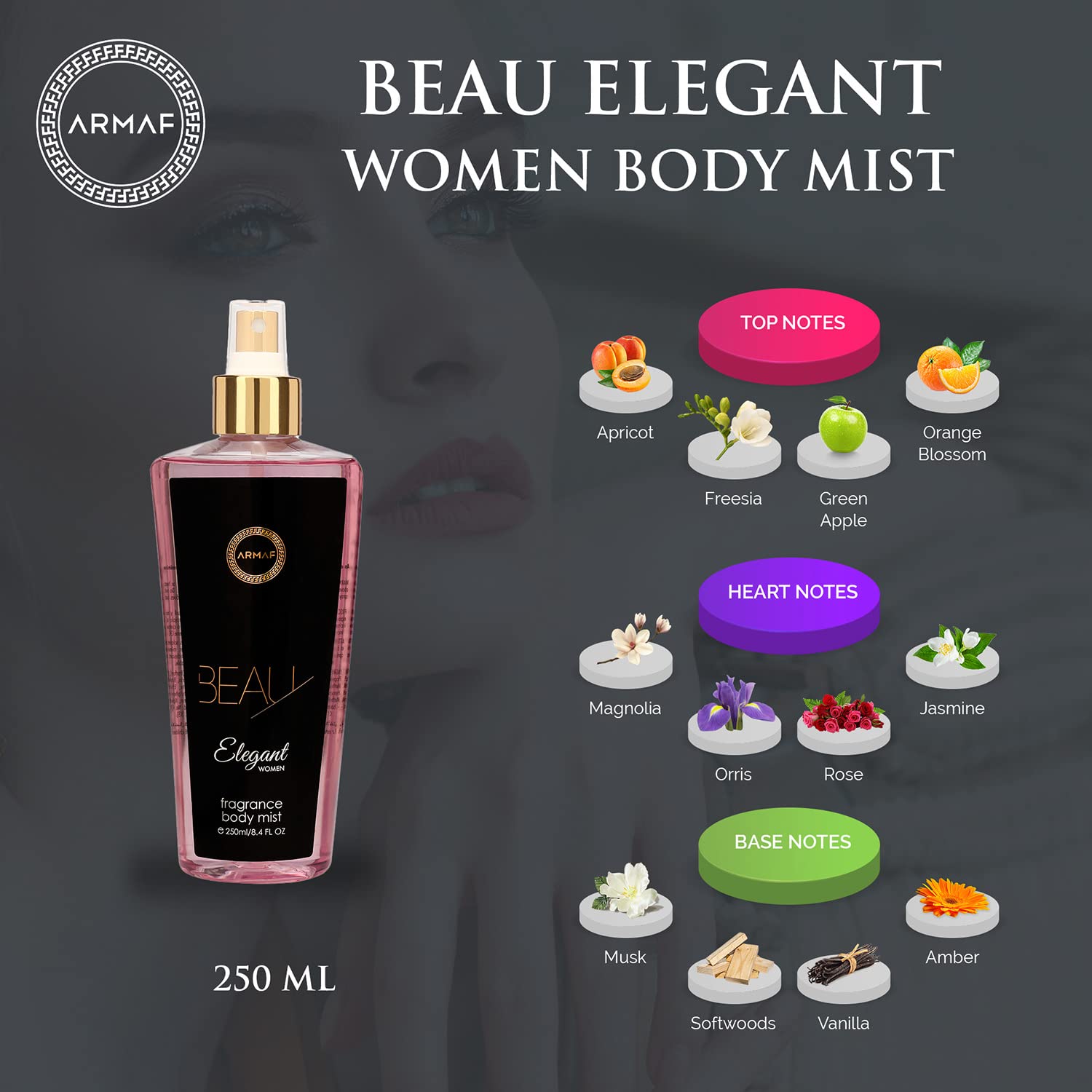 ARMAF Beau Elegant For Women Body Mist, 250ml Spray, Modern Floral Fruity Fragrance with Rose and Jasmine Notes - packaging