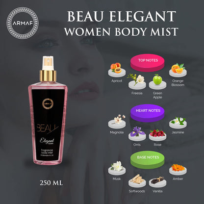 ARMAF Beau Elegant For Women Body Mist, 250ml Spray, Modern Floral Fruity Fragrance with Rose and Jasmine Notes - packaging