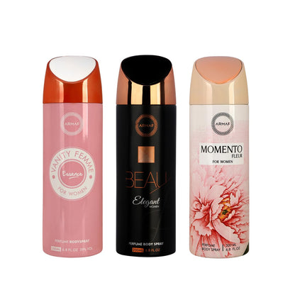 ARMAF Deodorant Body Spray for Women, Beau Elegant Momento Femme Essence, 200ml, Pack of 3