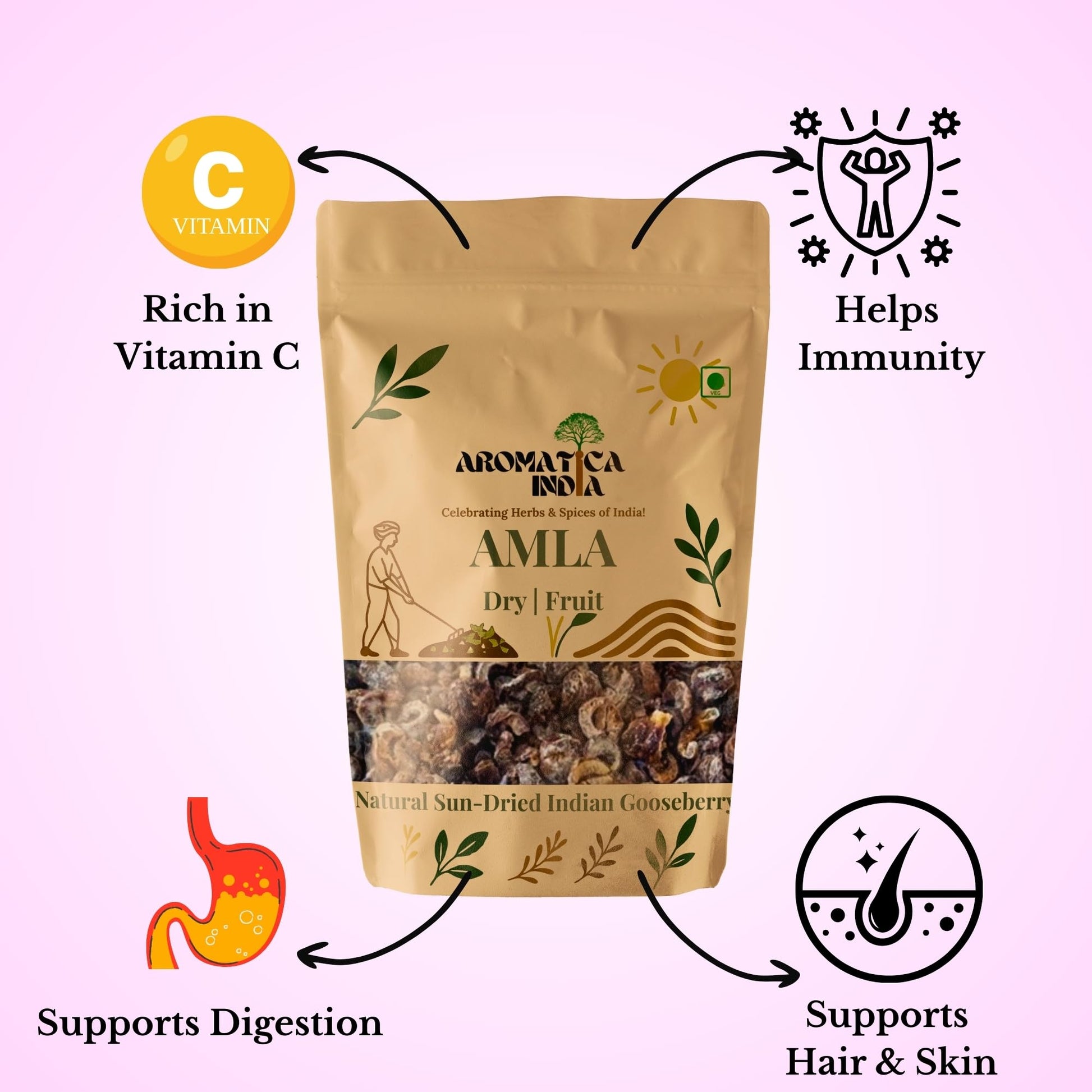 Aromatica India Dried Amla Indian Gooseberry, 1kg, Whole Pieces for Eating and Hair Care - back view