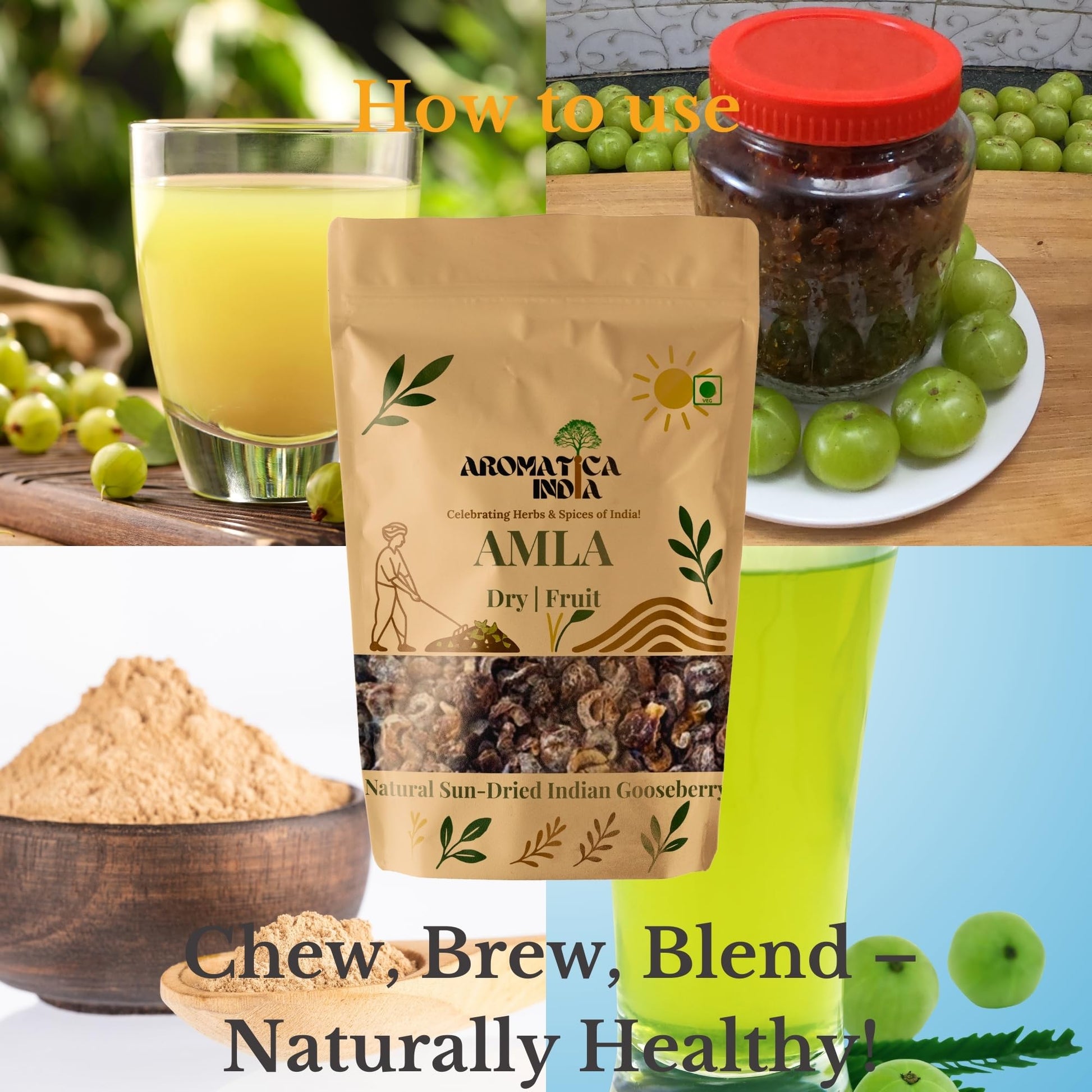 Aromatica India Dried Amla Indian Gooseberry, 1kg, Whole Pieces for Eating and Hair Care - packaging