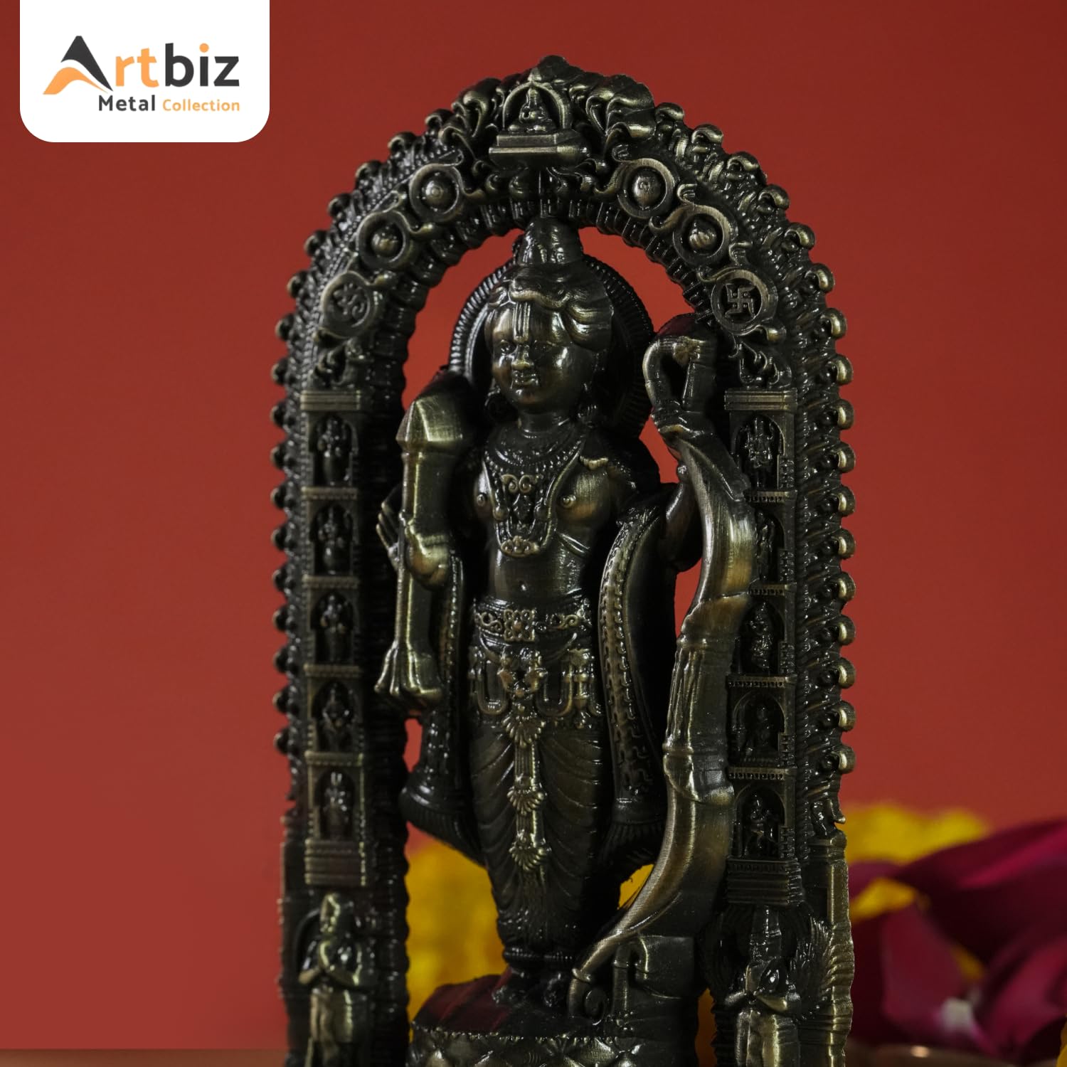 Artbiz Shree Ram Lalla Ayodhya Murti 4.5 Inch Metal Zinc Figurine for Home Temple Decor - in use
