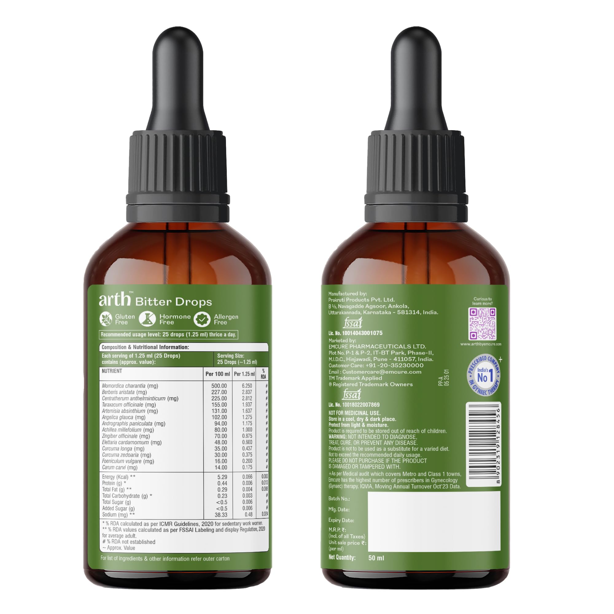 ARTH Herbal Bitter Drops, 50ml, 14 Traditional Bitters with Karela, Dry Ginger, Haldi, Liquid Dietary Supplement - size and s