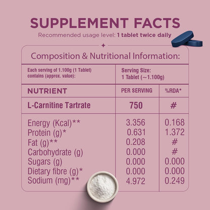ARTH Weight Management Supplement with L-Carnitine Tartrate 1500 mg, 30 Veg Tablets - close-up detail