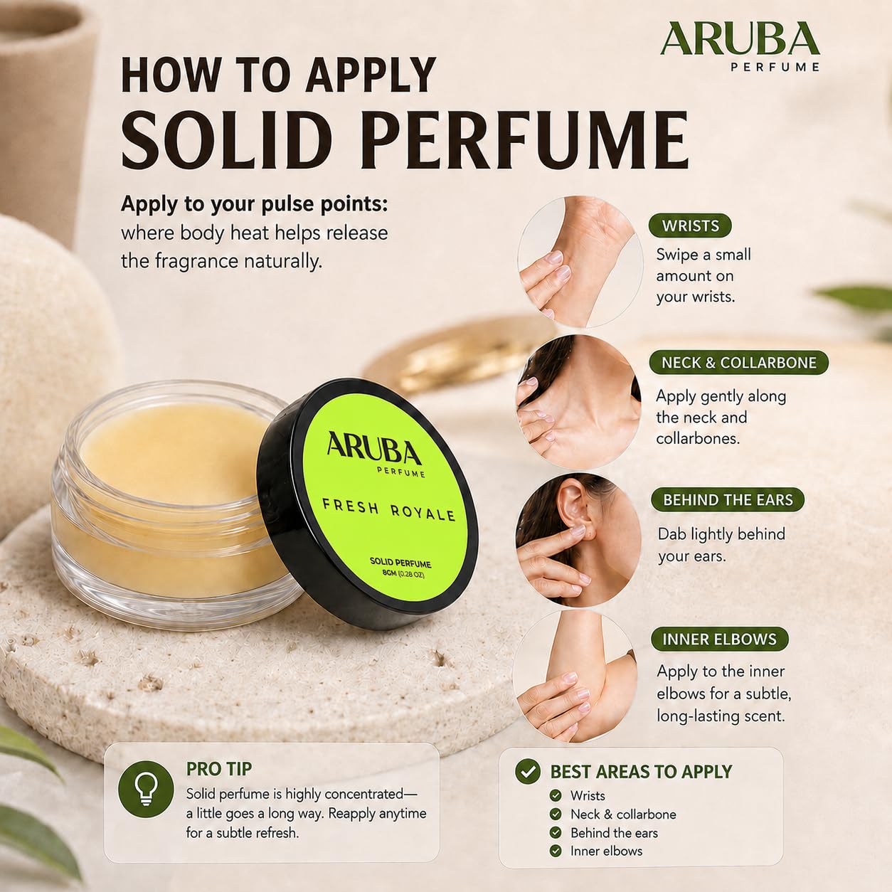 Aruba Perfume Alcohol-Free Solid Perfume Set, Unisex Cologne, 8g Travel Tin - size and scale