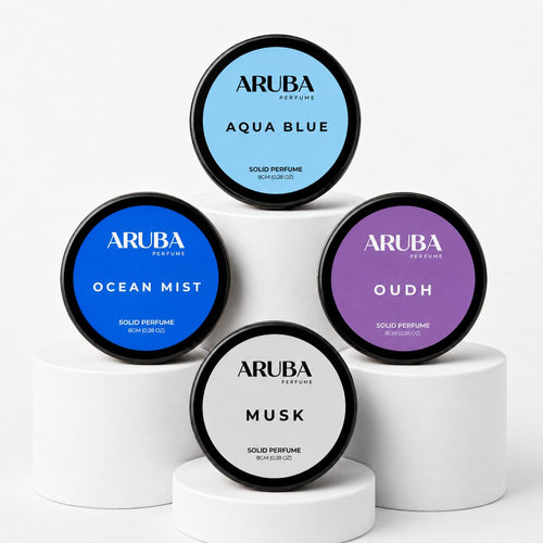 Aruba Perfume Solid Perfume Gift Set, 4 Scents (Musk, Oudh, Aqua Blue, Ocean Mist), 8g Each, Alcohol-Free Unisex Wax Perfume,