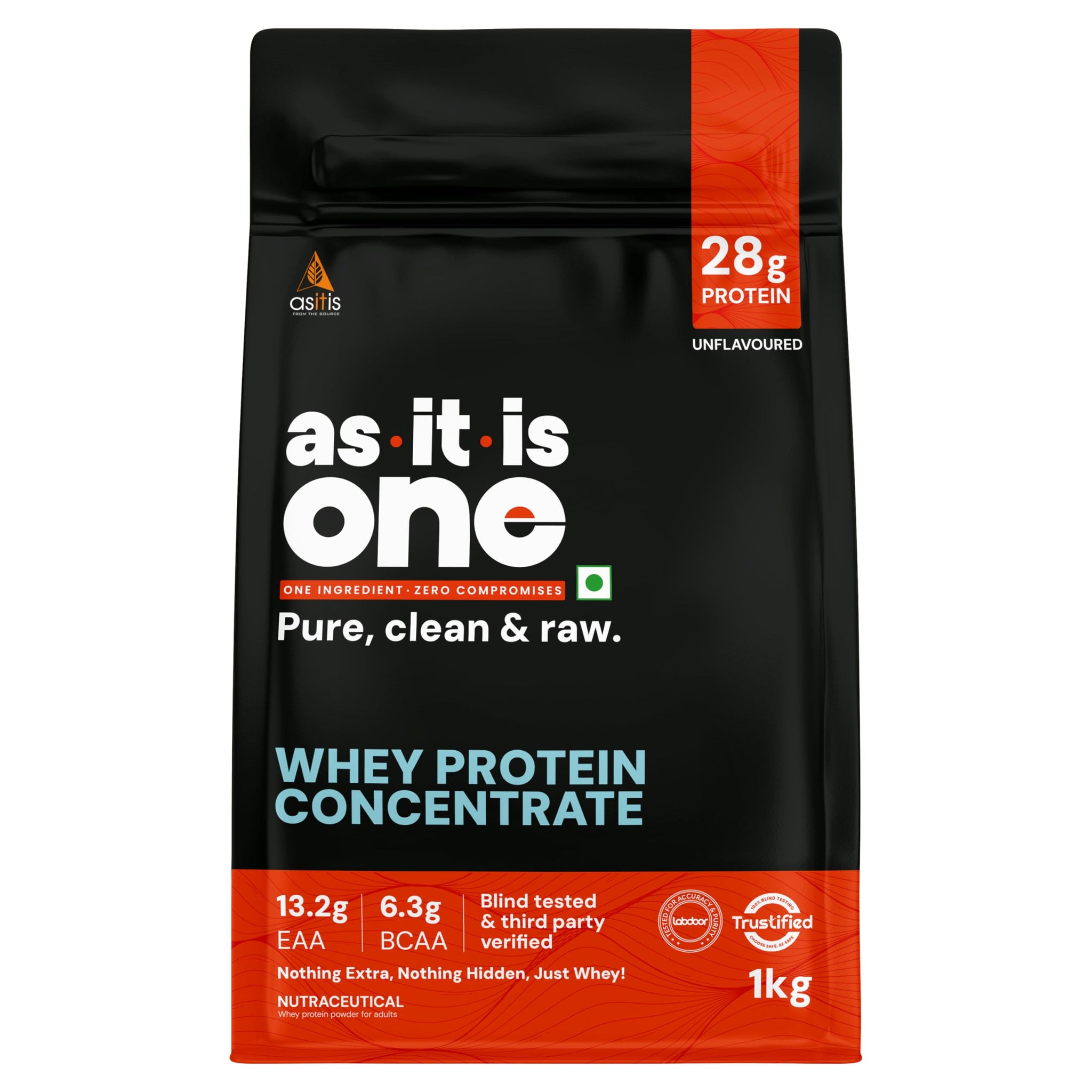 AS-IT-IS ONE Whey Protein Concentrate I Pure, Clean & Raw I 28g Protein per Serve, Unflavoured 1kg I Labdoor & Trustified Cer