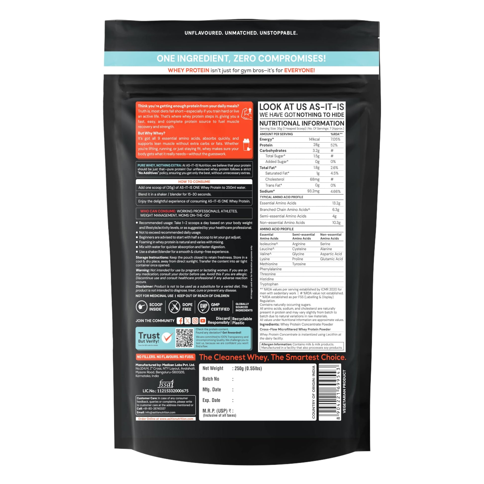 AS-IT-IS ONE Whey Protein Concentrate I Pure, Clean & Raw I 28g Protein per Serve, Unflavoured 1kg I Labdoor & Trustified Cer