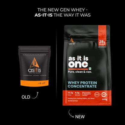 AS-IT-IS ONE Whey Protein Concentrate I Pure, Clean & Raw I 28g Protein per Serve, Unflavoured 1kg I Labdoor & Trustified Cer