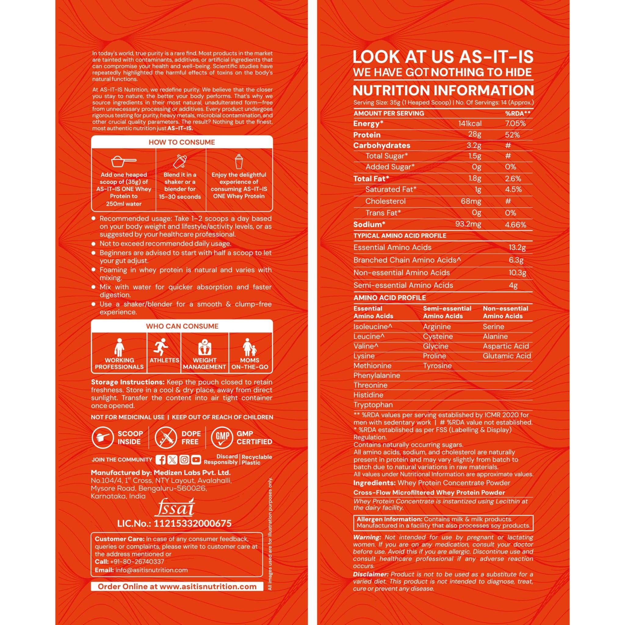 AS-IT-IS ONE Whey Protein Concentrate I Pure, Clean & Raw I 28g Protein per Serve, Unflavoured 1kg I Labdoor & Trustified Cer