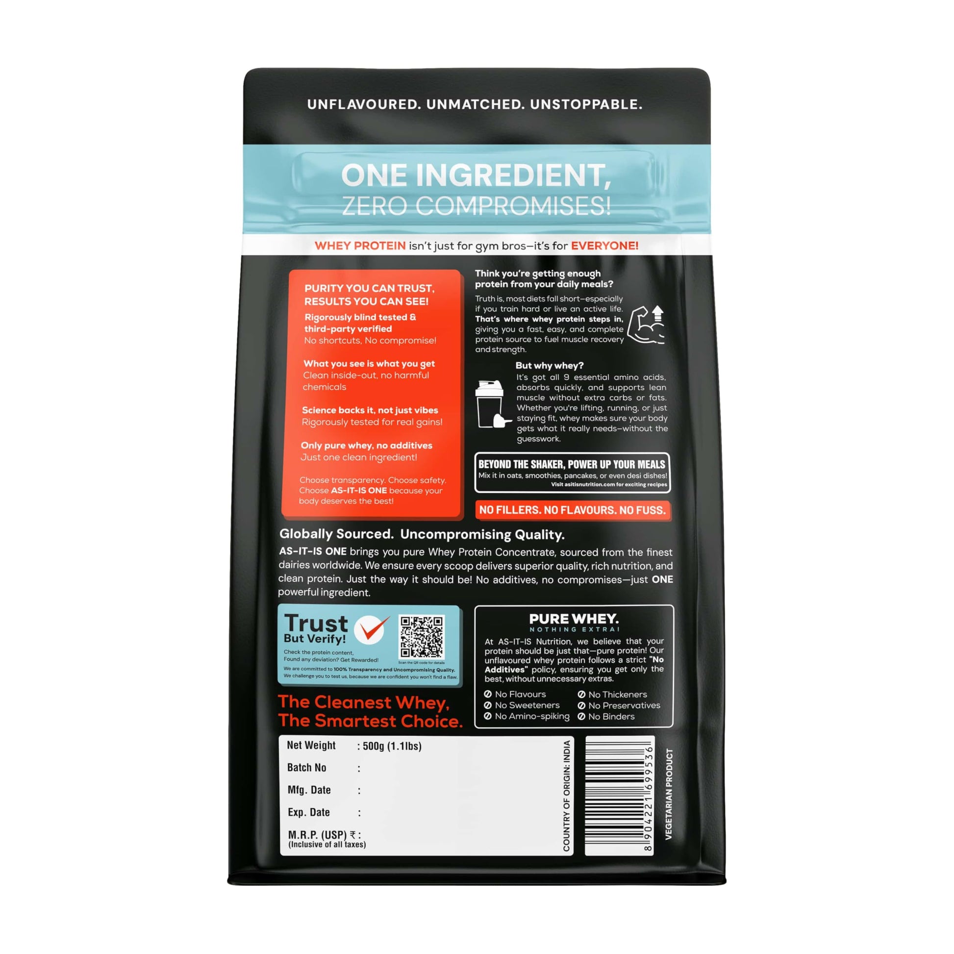 AS-IT-IS ONE Whey Protein Concentrate I Pure, Clean & Raw I 28g Protein per Serve, Unflavoured 1kg I Labdoor & Trustified Cer