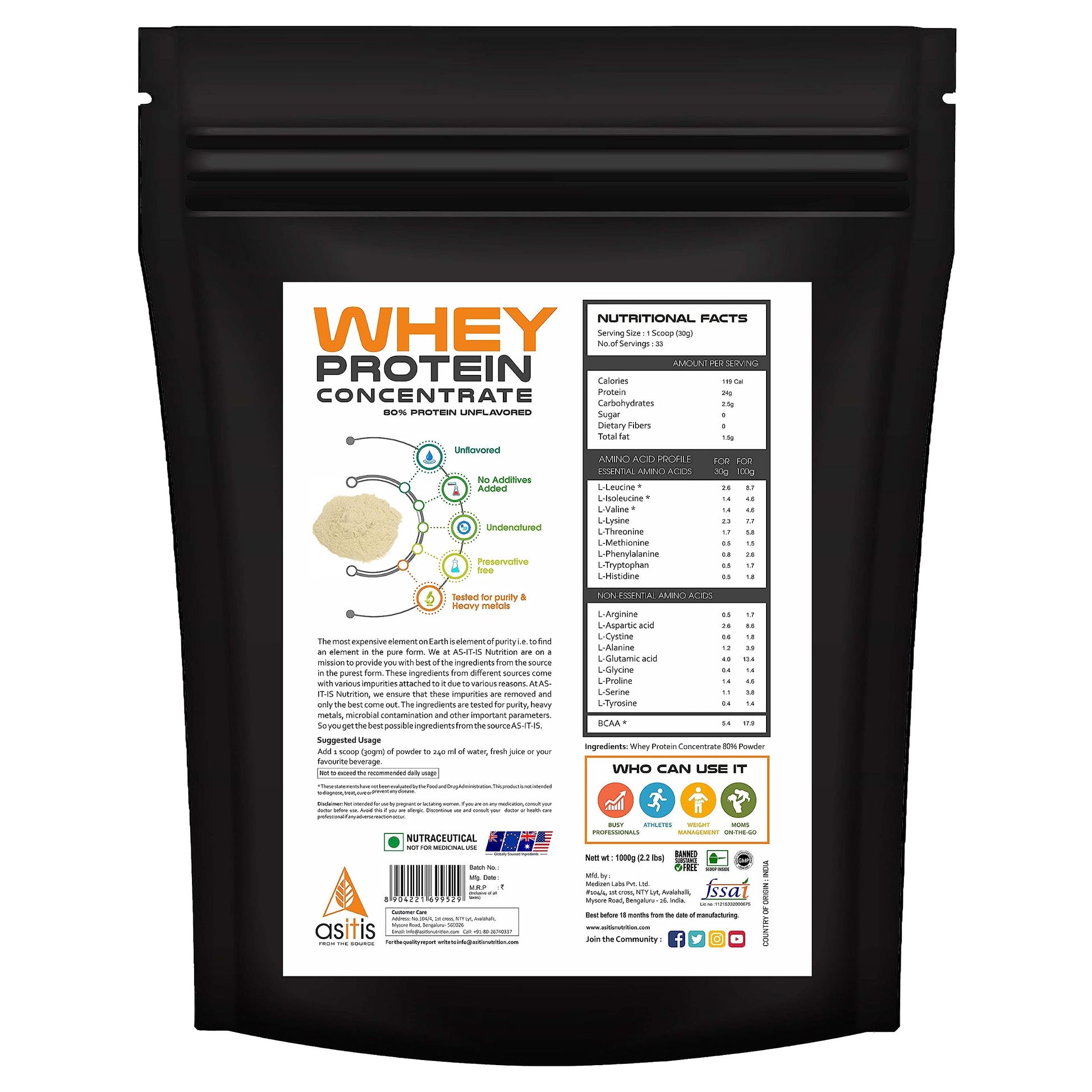 AS-IT-IS ONE Whey Protein Concentrate I Pure, Clean & Raw I 28g Protein per Serve, Unflavoured 1kg I Labdoor & Trustified Cer