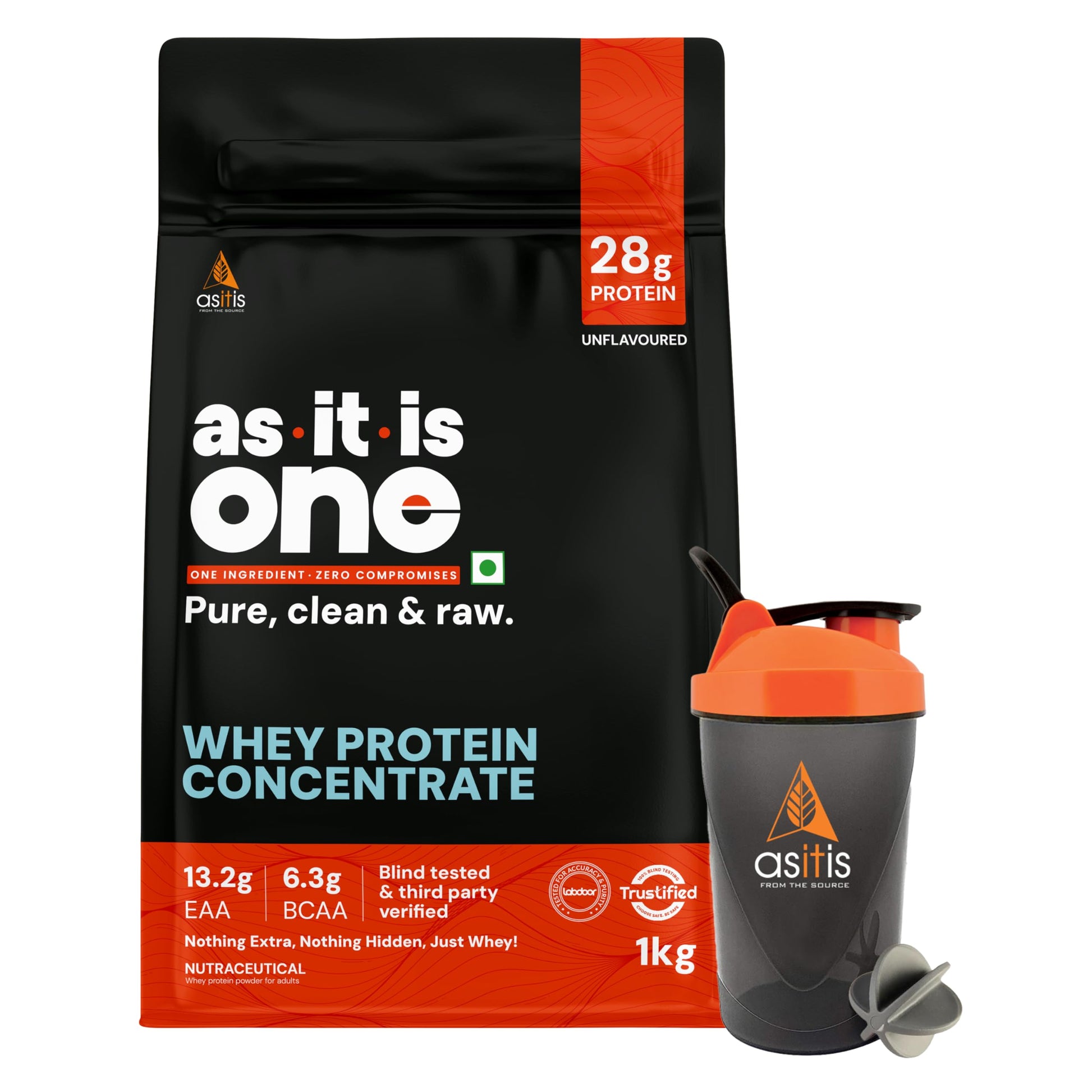 AS-IT-IS ONE Whey Protein Concentrate I Pure, Clean & Raw I 28g Protein per Serve, Unflavoured 1kg I Labdoor & Trustified Cer