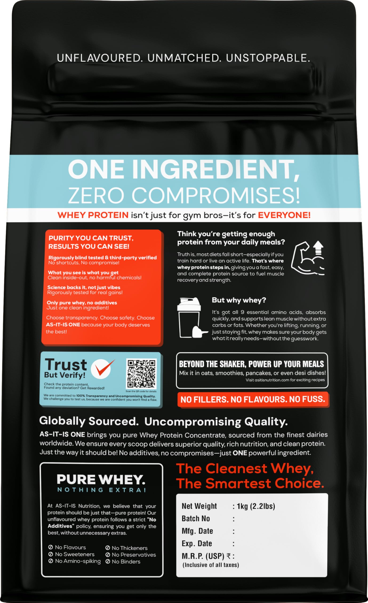 AS-IT-IS ONE Whey Protein Concentrate I Pure, Clean & Raw I 28g Protein per Serve, Unflavoured 1kg I Labdoor & Trustified Cer