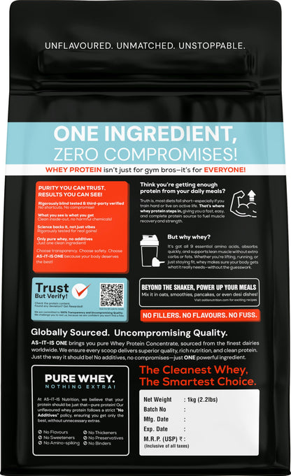 AS-IT-IS ONE Whey Protein Concentrate I Pure, Clean & Raw I 28g Protein per Serve, Unflavoured 1kg I Labdoor & Trustified Cer