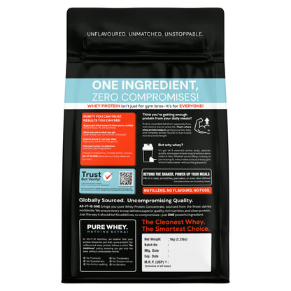 AS-IT-IS ONE Whey Protein Concentrate I Pure, Clean & Raw I 28g Protein per Serve, Unflavoured 1kg I Labdoor & Trustified Cer