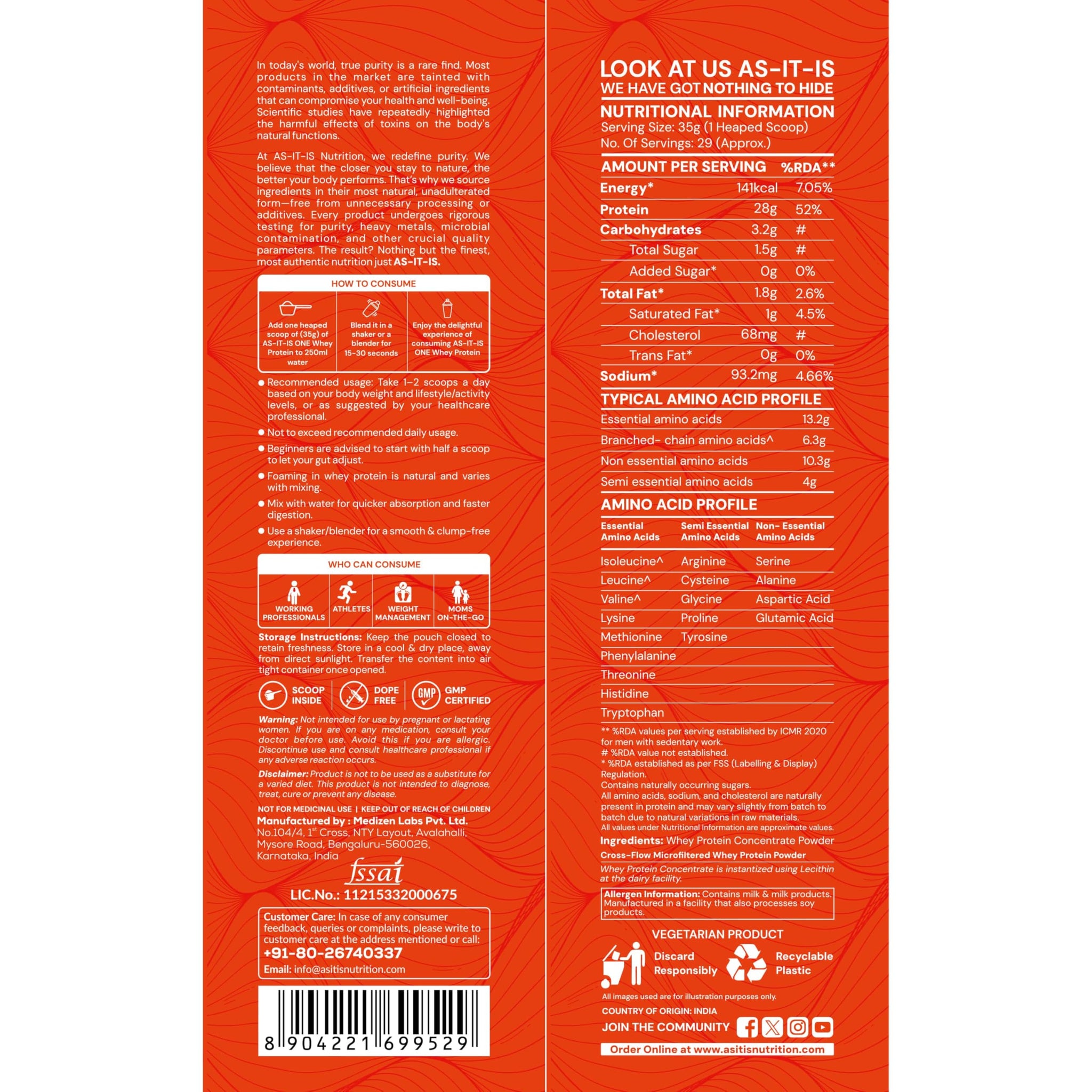 AS-IT-IS ONE Whey Protein Concentrate I Pure, Clean & Raw I 28g Protein per Serve, Unflavoured 1kg I Labdoor & Trustified Cer