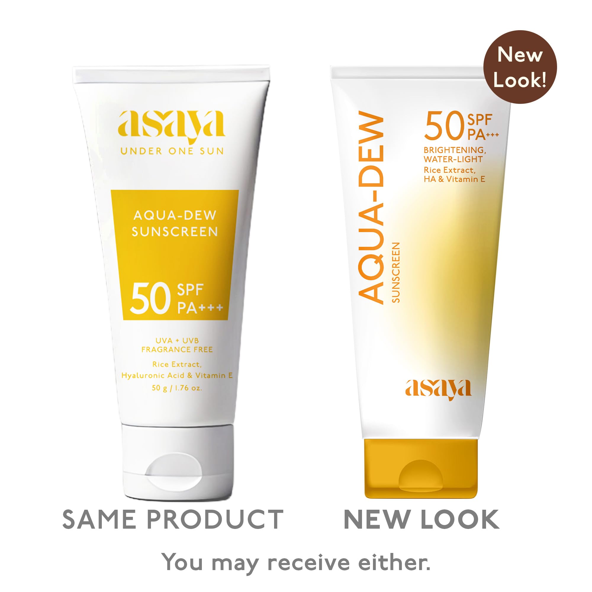 ASAYA Aqua Dew Sunscreen SPF 50 PA+++, 50ml, Water-Light, Fragrance-Free, In-VIVO Tested - front view (10)