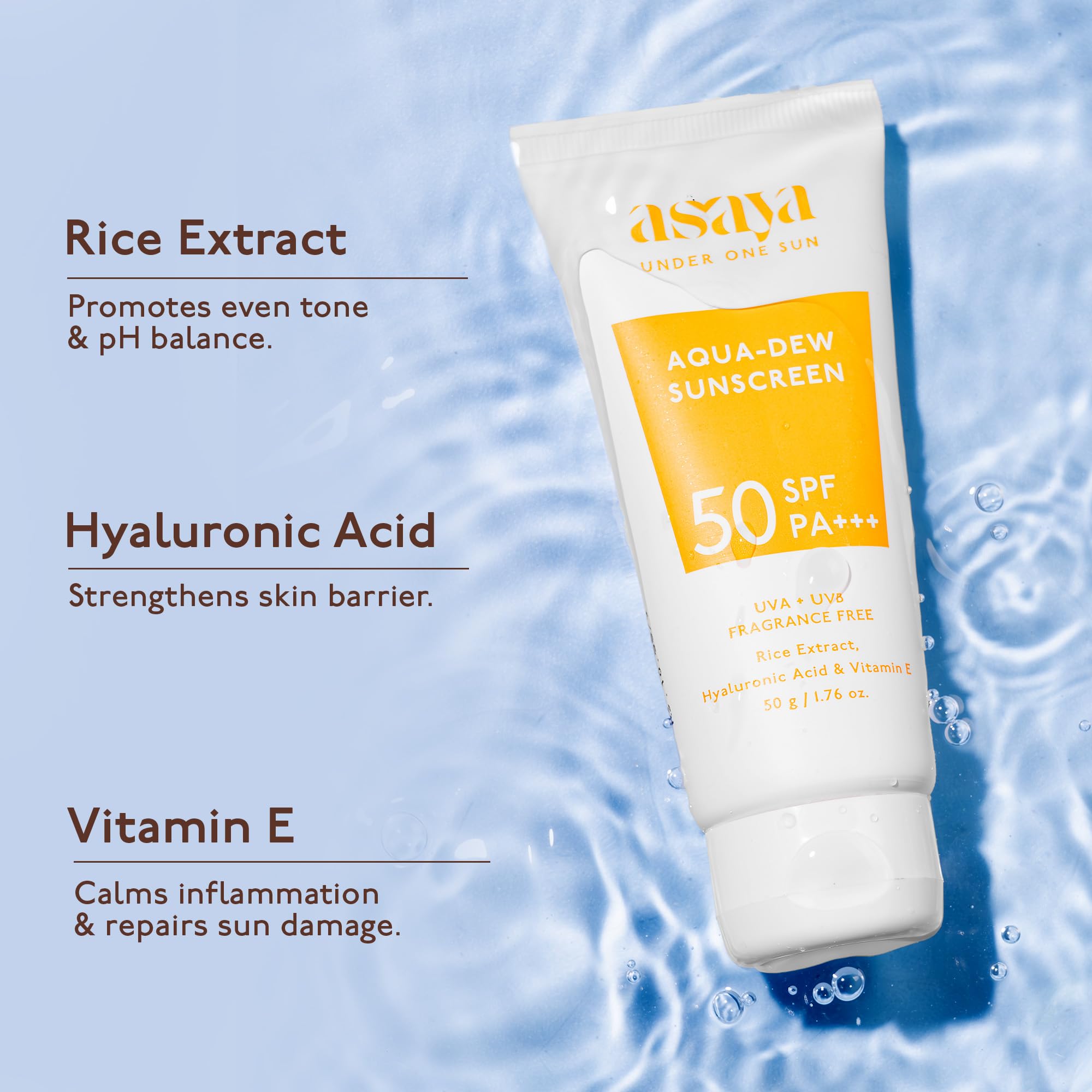 ASAYA Aqua Dew Sunscreen SPF 50 PA+++, 50ml, Water-Light, Fragrance-Free, In-VIVO Tested - packaging (12)