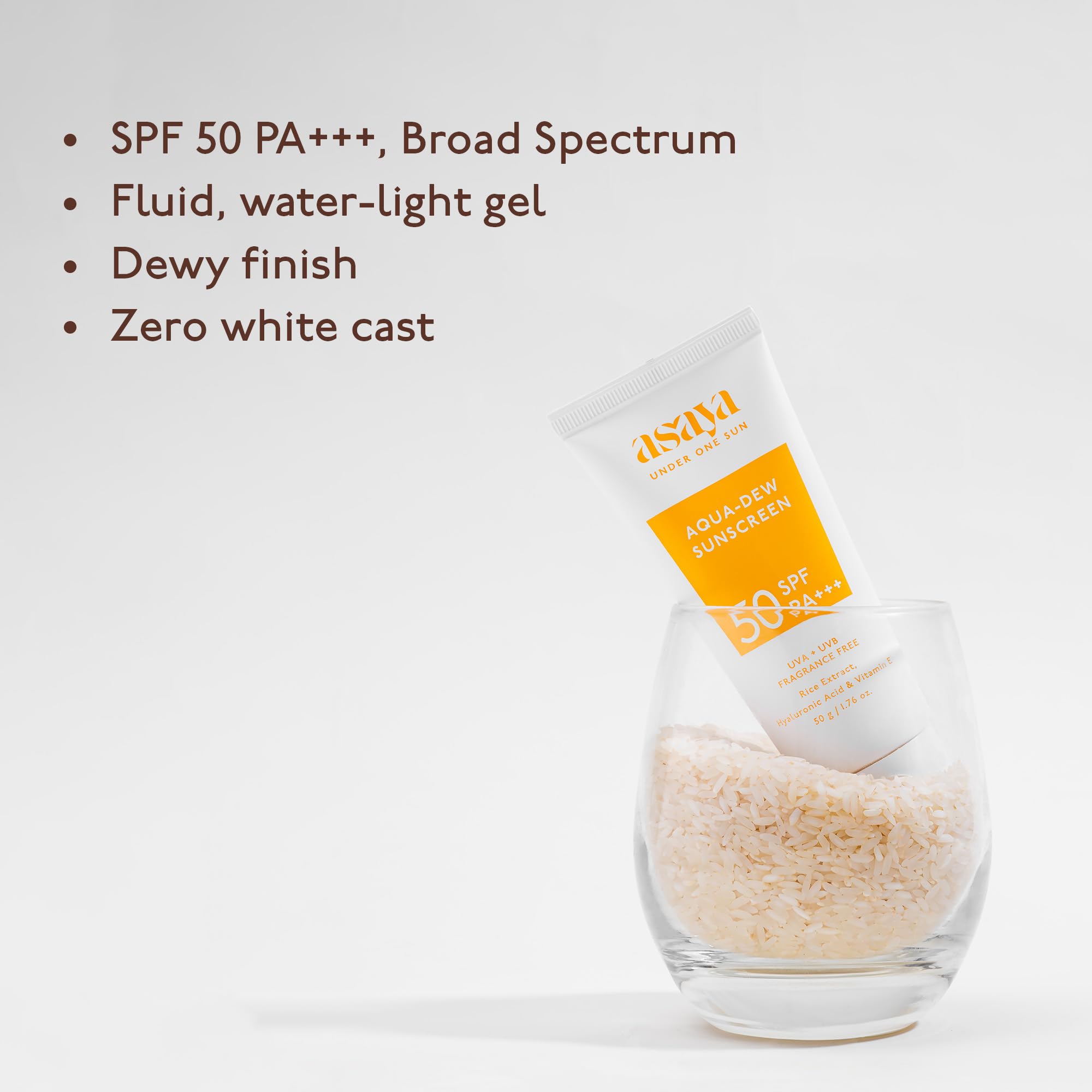 ASAYA Aqua Dew Sunscreen SPF 50 PA+++, 50ml, Water-Light, Fragrance-Free, In-VIVO Tested - label detail (13)