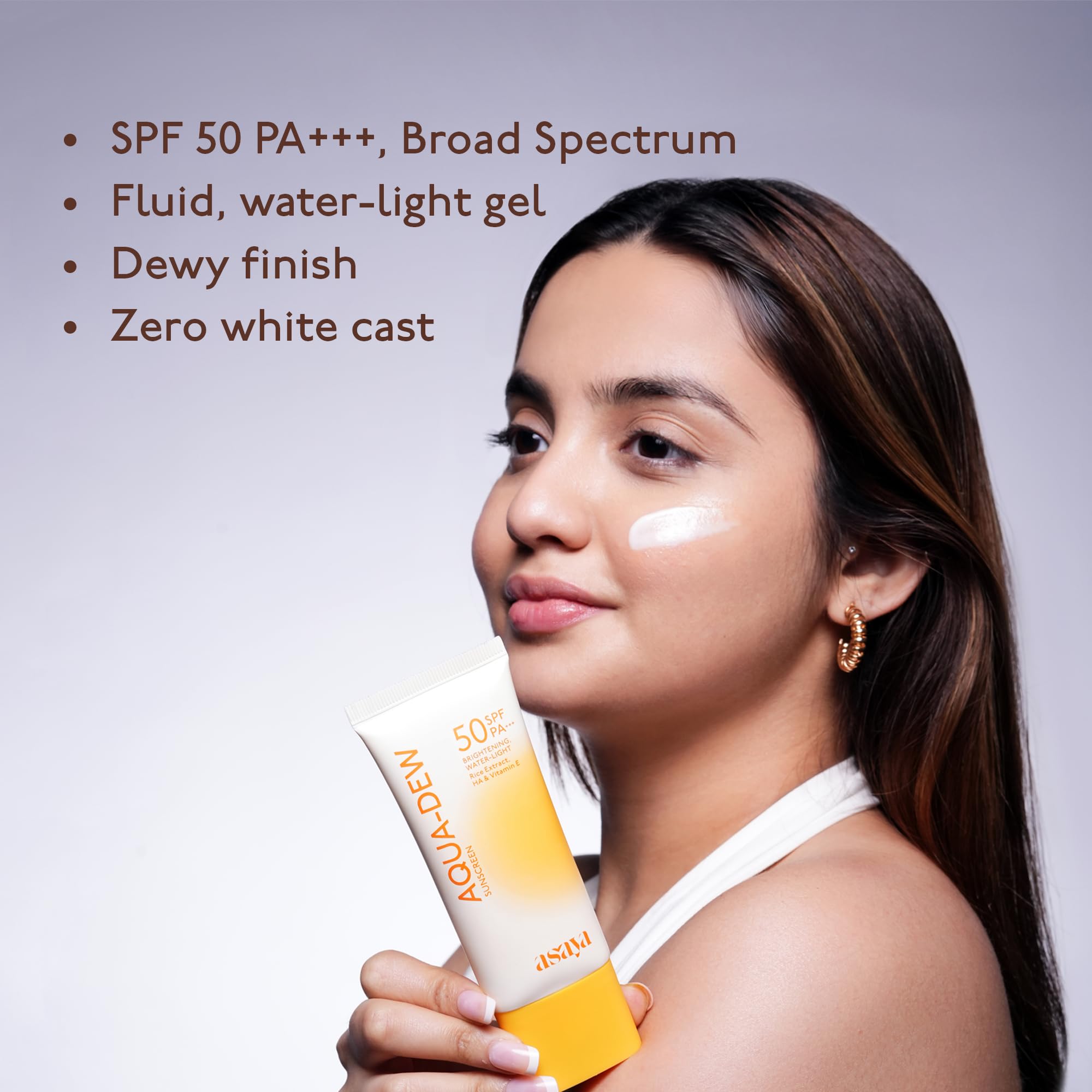 ASAYA Aqua Dew Sunscreen SPF 50 PA+++, 50ml, Water-Light, Fragrance-Free, In-VIVO Tested - label detail