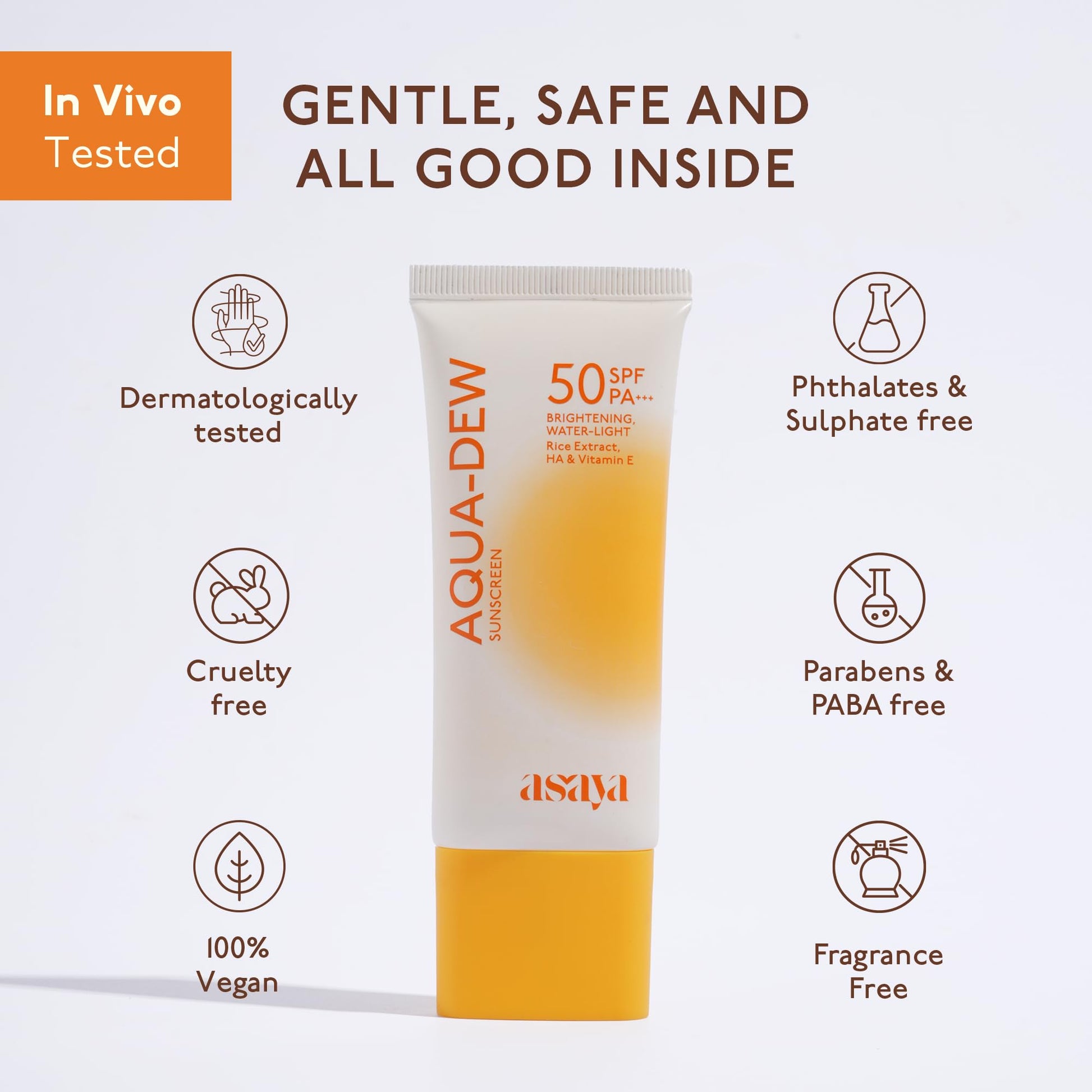 ASAYA Aqua Dew Sunscreen SPF 50 PA+++, 50ml, Water-Light, Fragrance-Free, In-VIVO Tested - ingredients panel