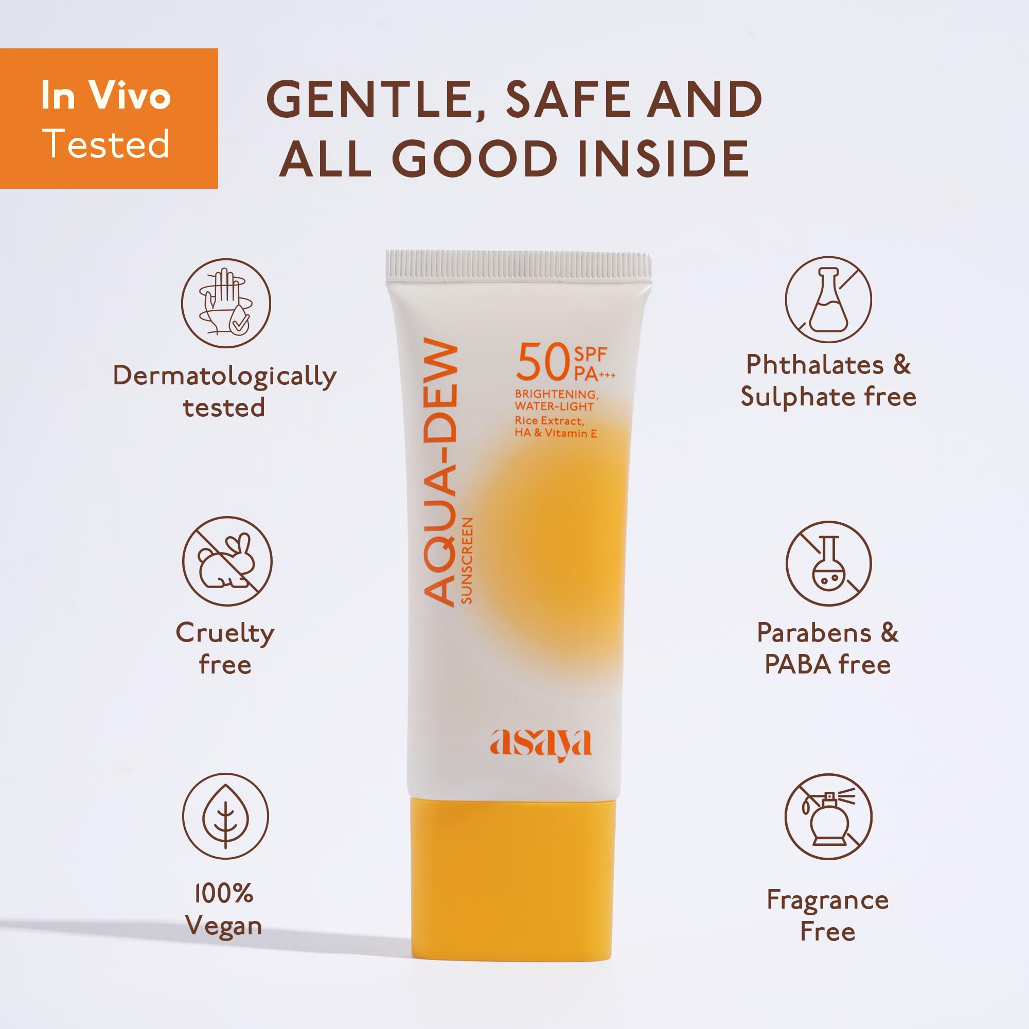 ASAYA Aqua Dew Sunscreen SPF 50 PA+++, 50ml, Water-Light, Fragrance-Free, In-VIVO Tested - ingredients panel