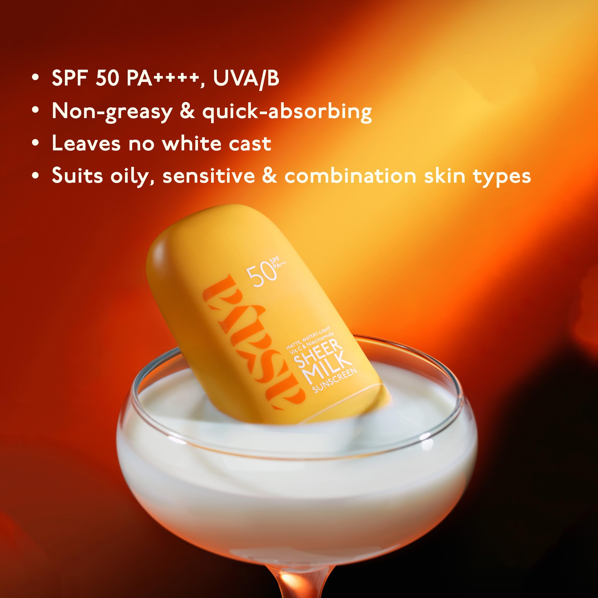 ASAYA Sheer Milk Sunscreen SPF 50 PA++++ 50ml with Vitamin C & Niacinamide, Water-Based Matte Fluid - packaging