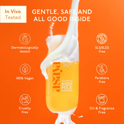 ASAYA Sheer Milk Sunscreen SPF 50 PA++++ 50ml with Vitamin C & Niacinamide, Water-Based Matte Fluid - ingredients panel