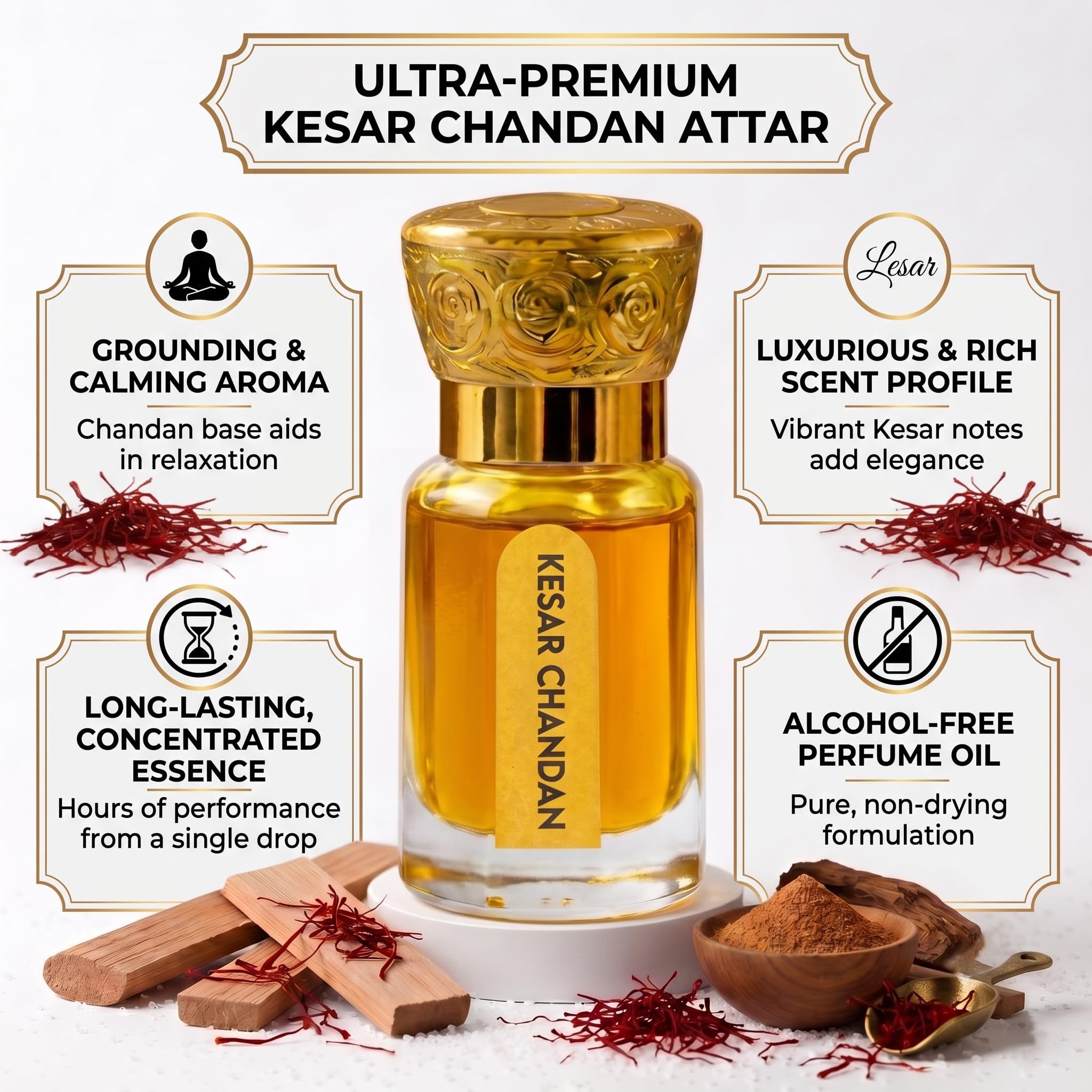 Ashlenza Kesar Chandan Attar Original, 6ml, Alcohol-Free Unisex Perfume Oil, Traditional Kannauj Craft - front view