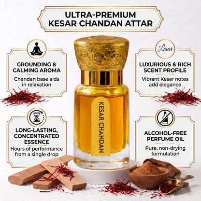 Ashlenza Kesar Chandan Attar Original, 6ml, Alcohol-Free Unisex Perfume Oil, Traditional Kannauj Craft - front view