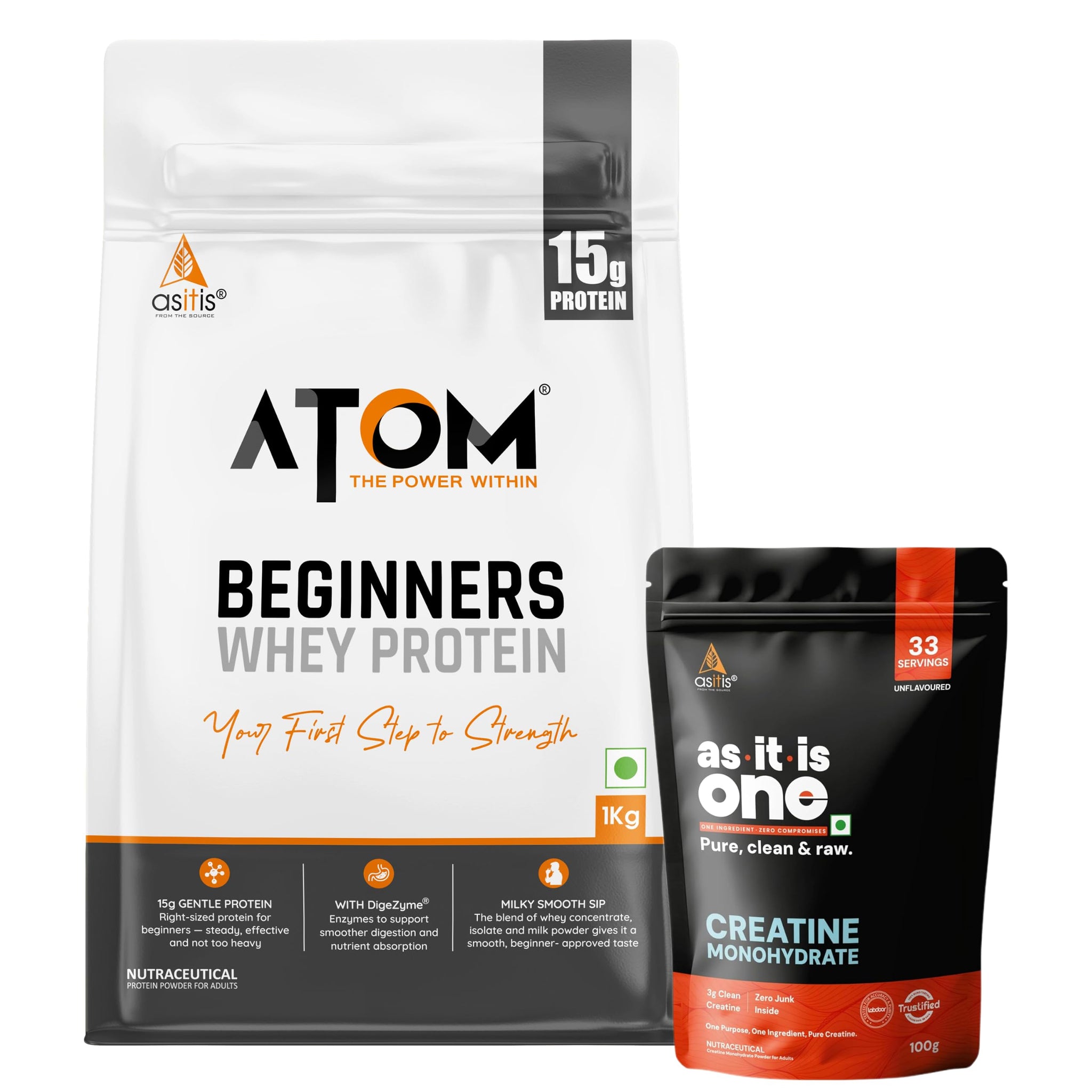 Asitis Nutrition ATOM Beginners Whey Protein Powder with DigeZyme Enzymes, Adult Supplement (15)