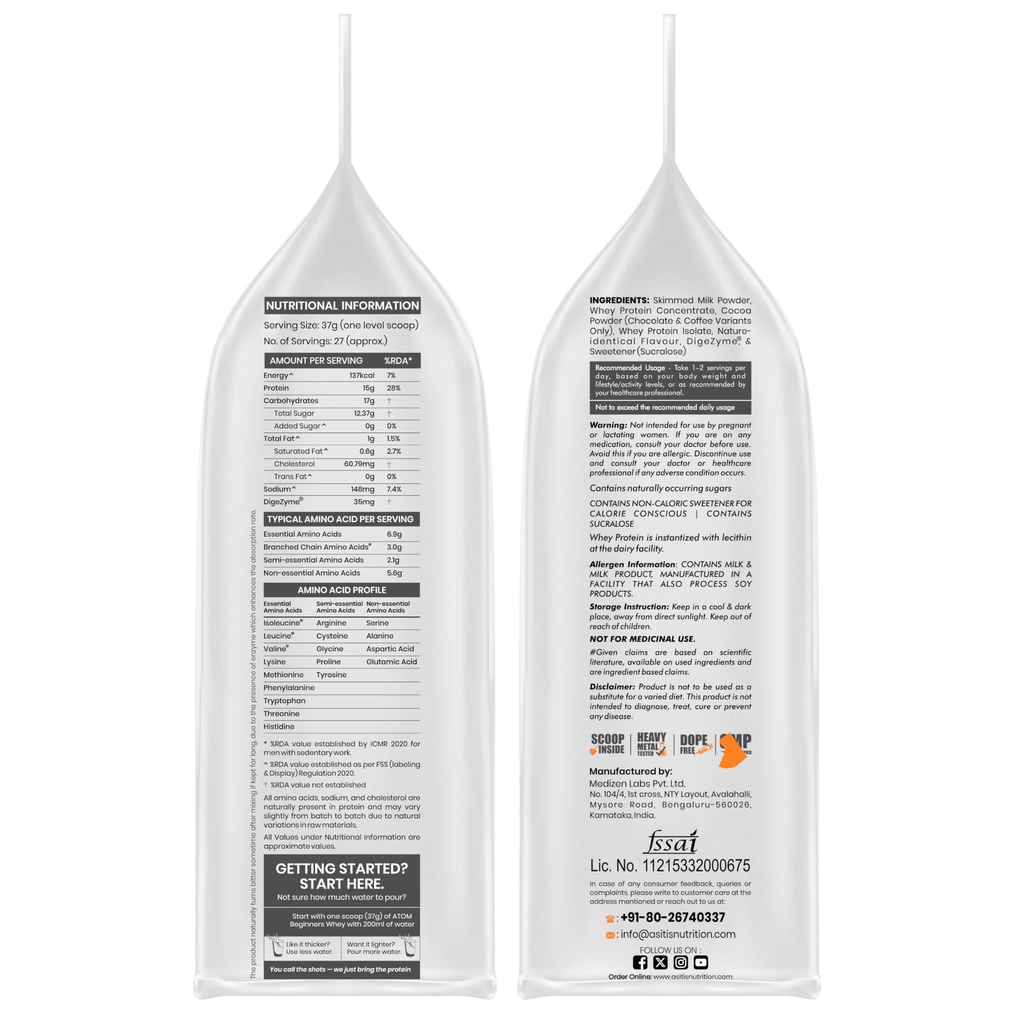 Asitis Nutrition ATOM Beginners Whey Protein Powder with DigeZyme Enzymes, Adult Supplement - back view