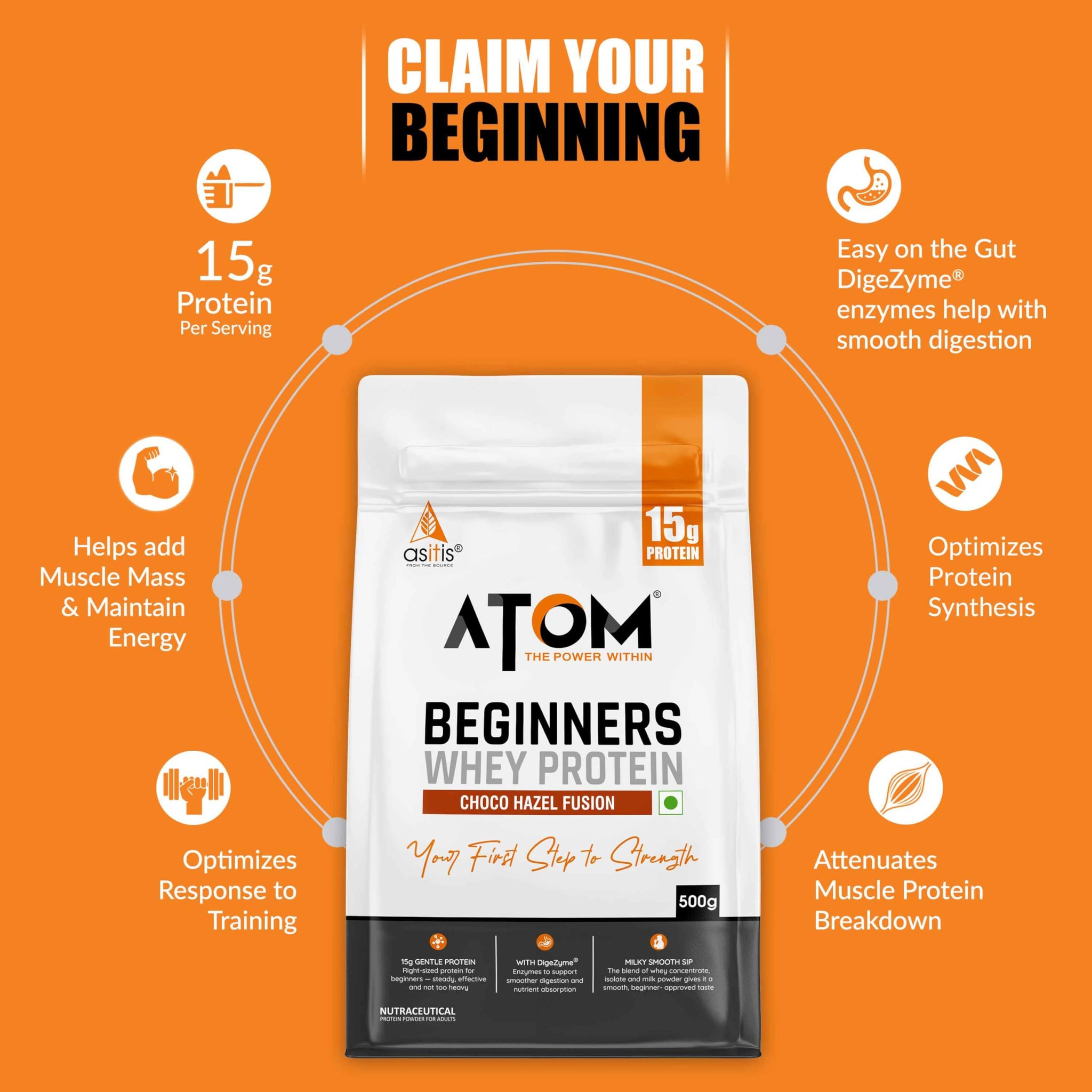 Asitis Nutrition ATOM Beginners Whey Protein Powder with DigeZyme Enzymes, Adult Supplement - packaging (9)