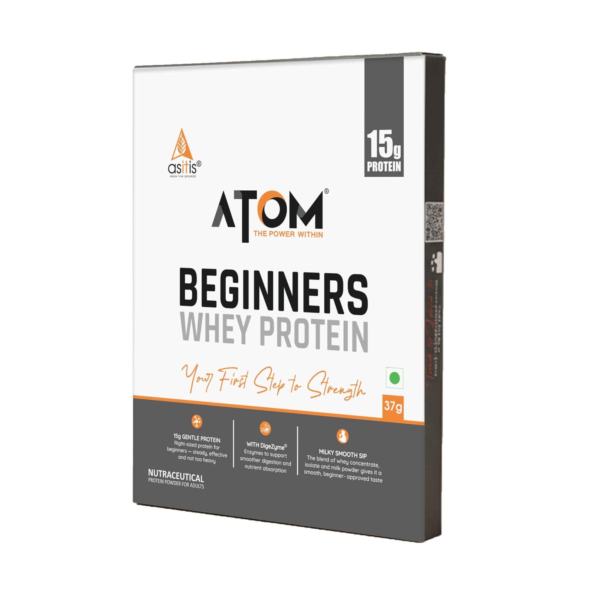 Asitis Nutrition ATOM Beginners Whey Protein with DigeZyme, 15g Protein, 37g Travel Sachet