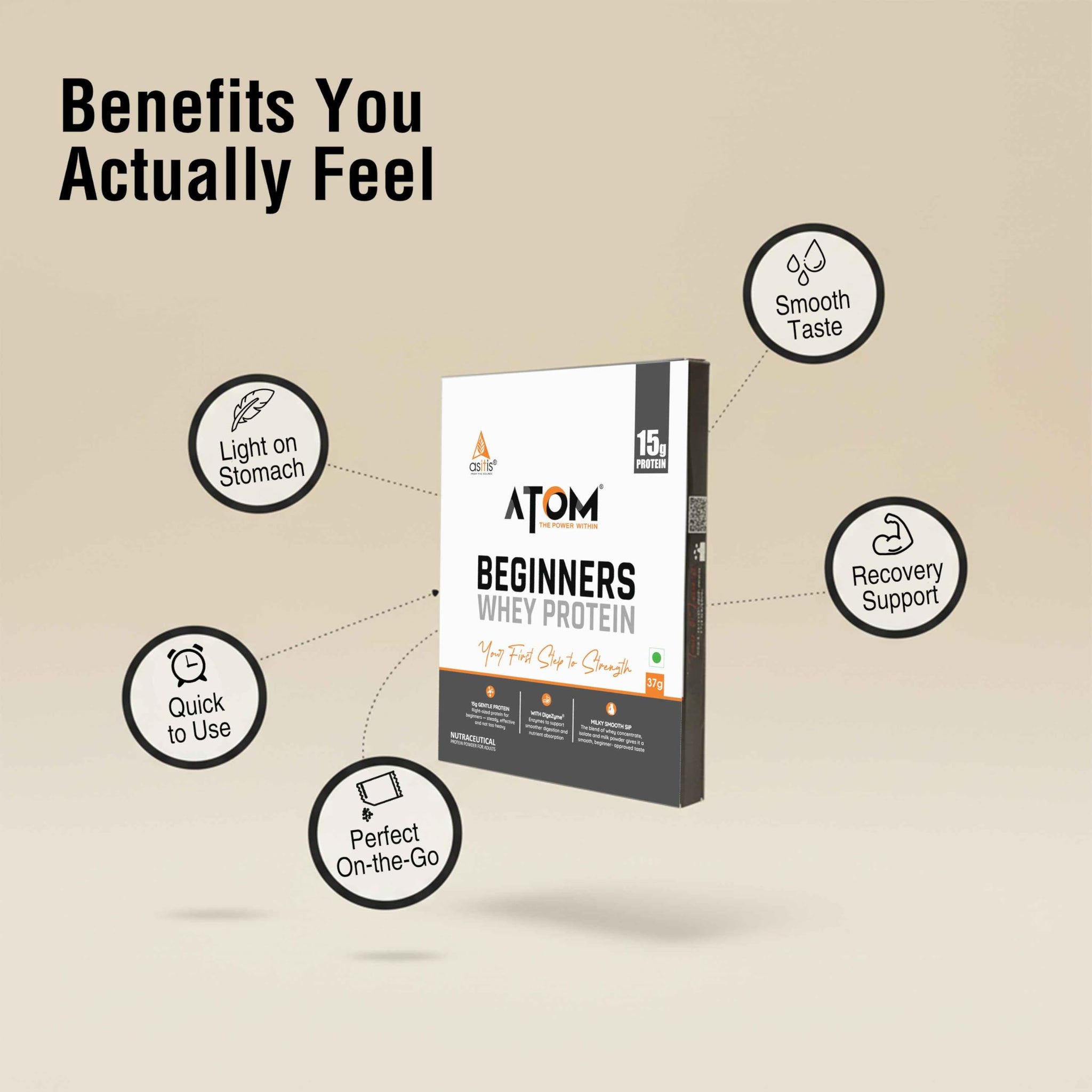 Asitis Nutrition ATOM Beginners Whey Protein with DigeZyme, 15g Protein, 37g Travel Sachet - front view