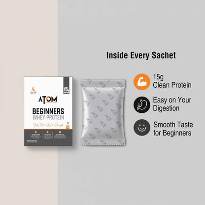 Asitis Nutrition ATOM Beginners Whey Protein with DigeZyme, 15g Protein, 37g Travel Sachet - packaging