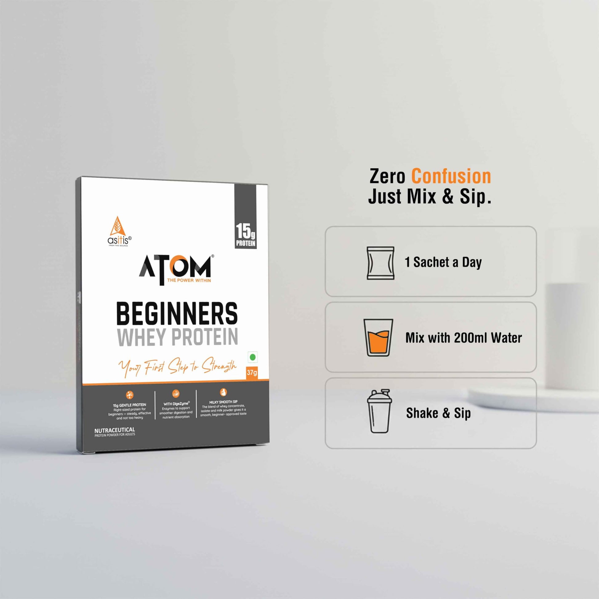 Asitis Nutrition ATOM Beginners Whey Protein with DigeZyme, 15g Protein, 37g Travel Sachet - label detail