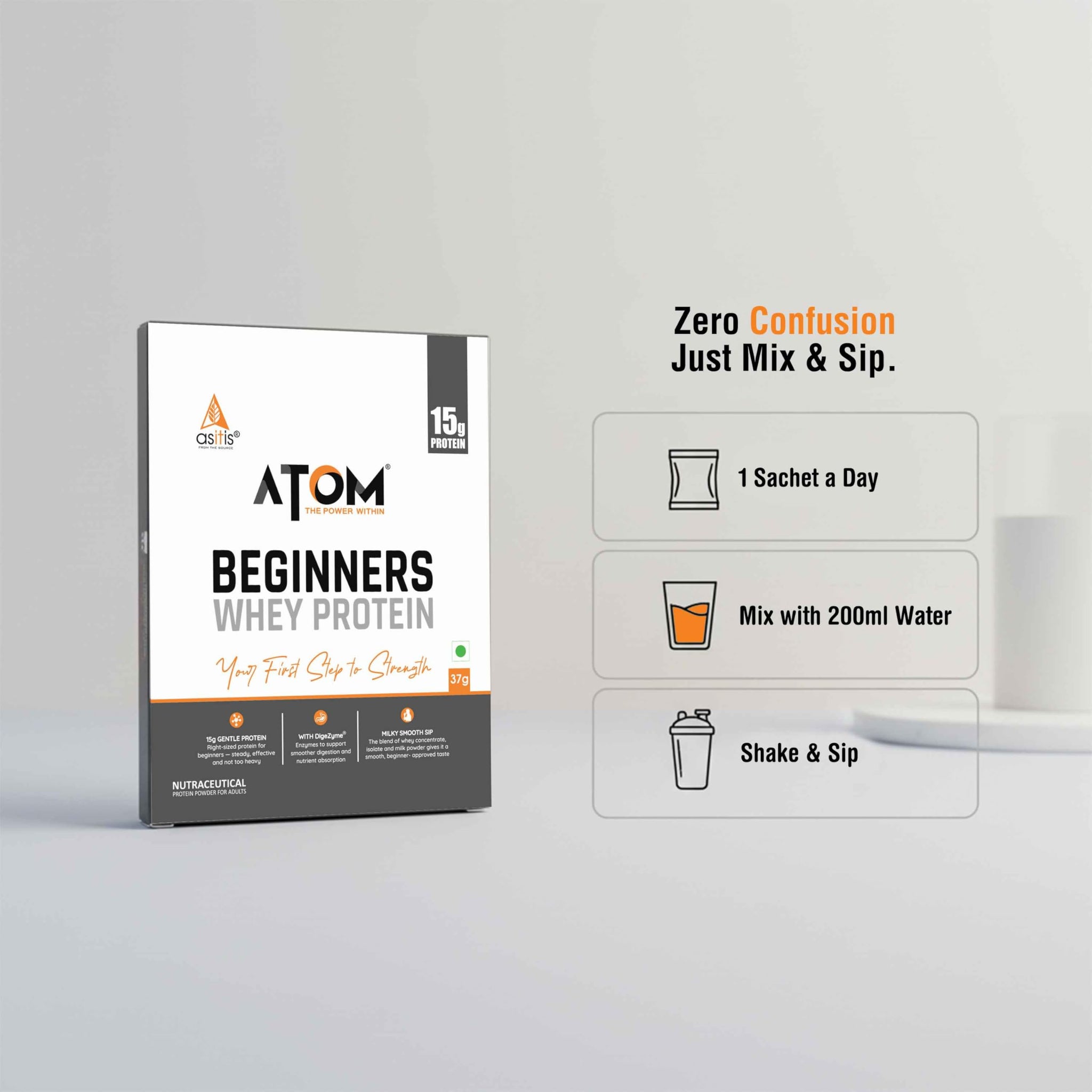 Asitis Nutrition ATOM Beginners Whey Protein with DigeZyme, 15g Protein, 37g Travel Sachet - label detail