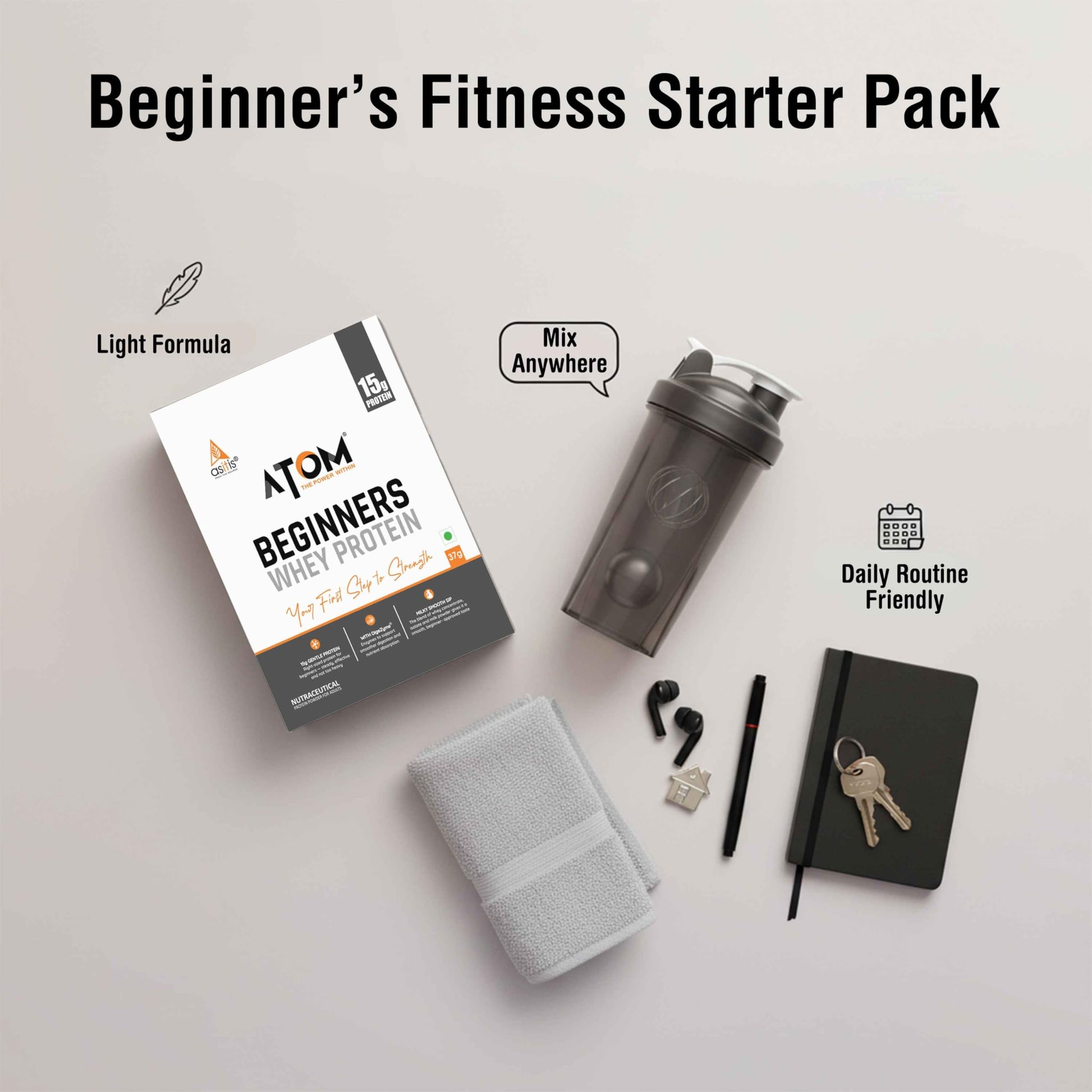Asitis Nutrition ATOM Beginners Whey Protein with DigeZyme, 15g Protein, 37g Travel Sachet - in use