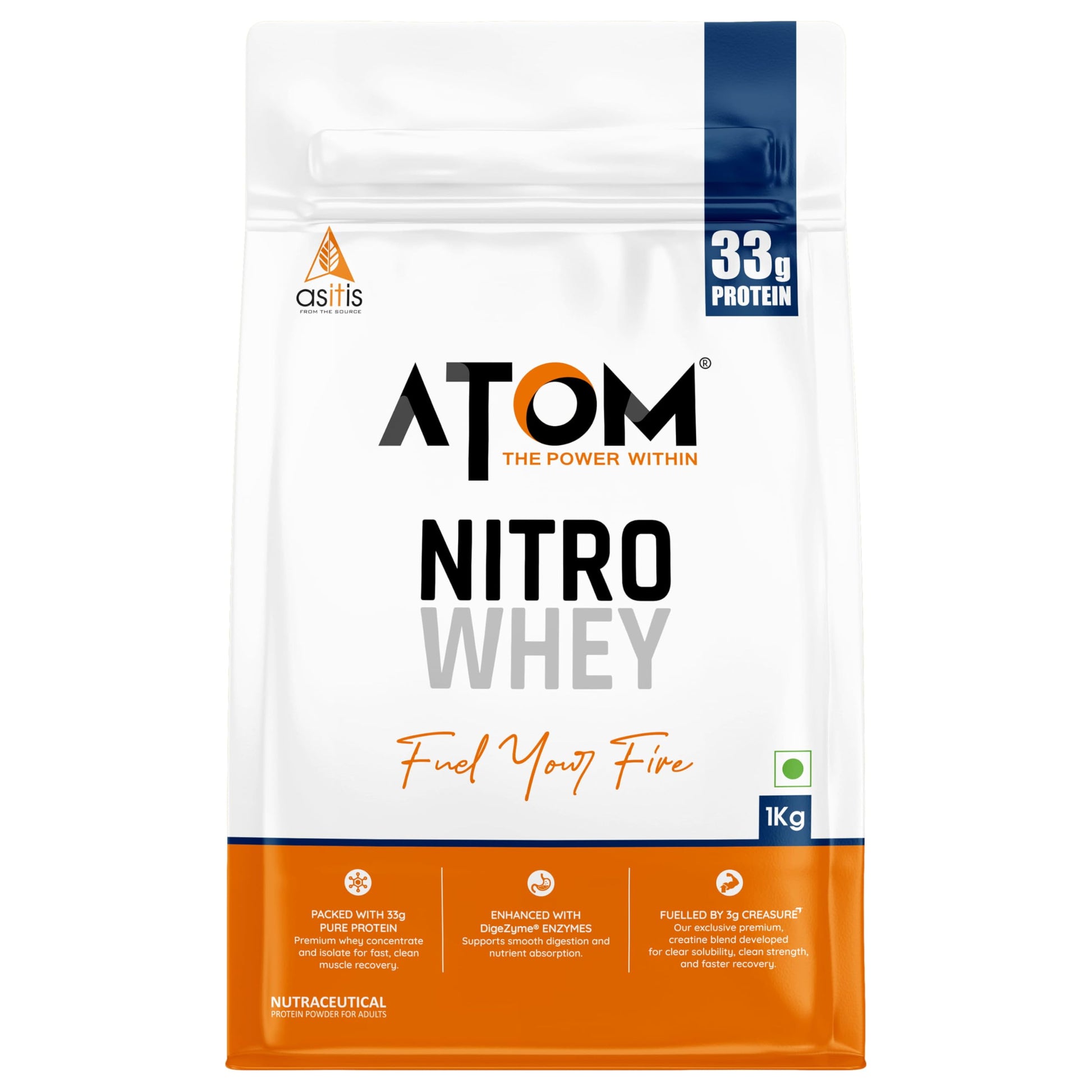 Asitis Nutrition ATOM Nitro Whey Protein Supplement Powder with Creatine and Digestive Enzymes