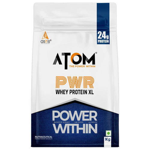 Asitis Nutrition ATOM PWR Whey XL Protein Powder, 1kg Double Rich Chocolate, with Fermented Yeast Protein Isolate and DigeZym