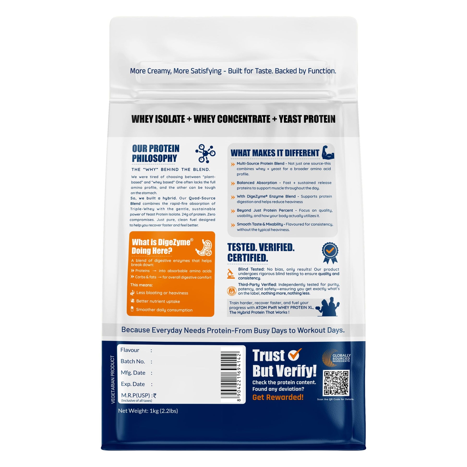 Asitis Nutrition ATOM PWR Whey XL Protein Powder, 1kg Double Rich Chocolate, with Fermented Yeast Protein Isolate and DigeZym
