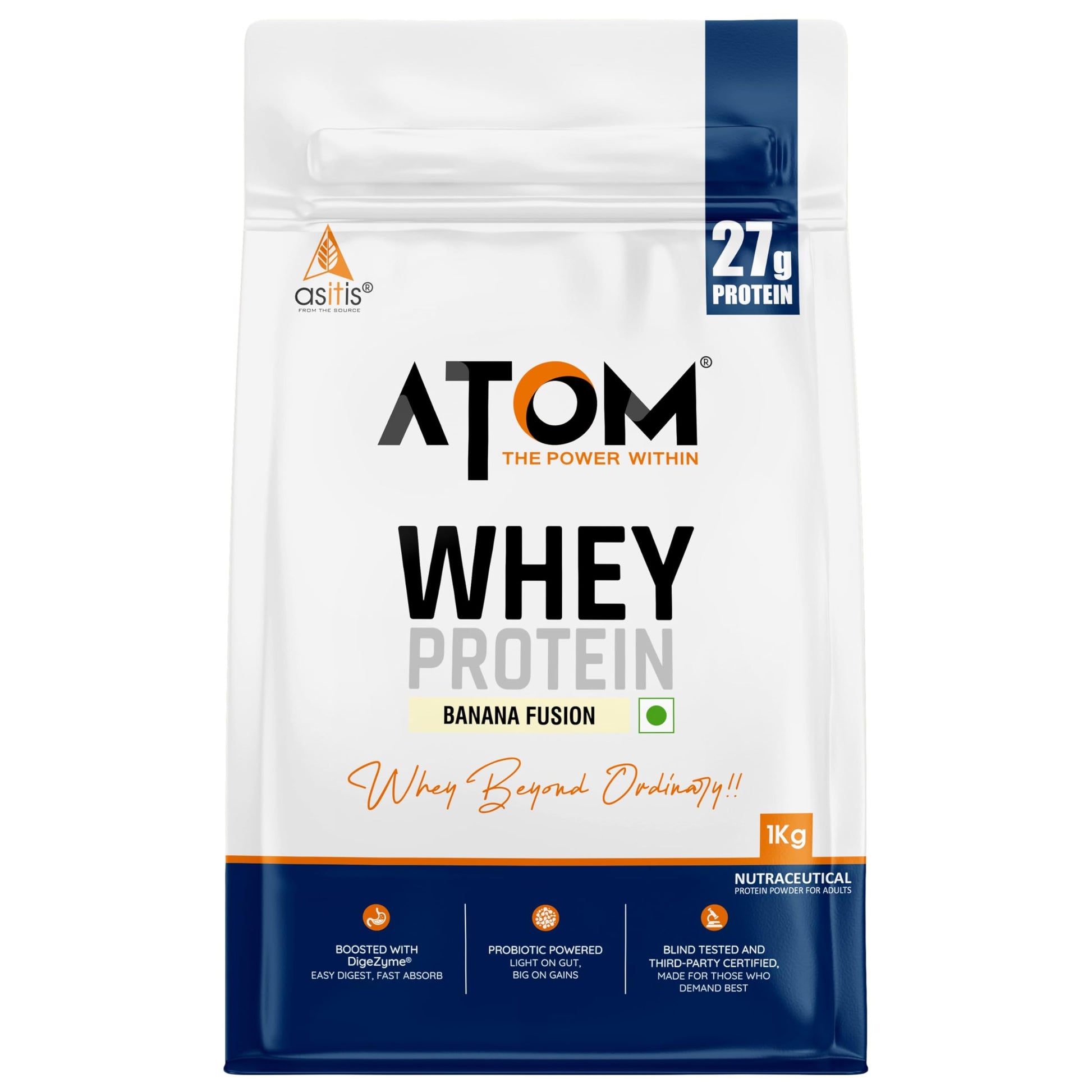 Asitis Nutrition Atom Whey Protein Powder, 27g Protein Per Serving, Isolate & Concentrate Blend, Digestive Enzymes, Labdoor C