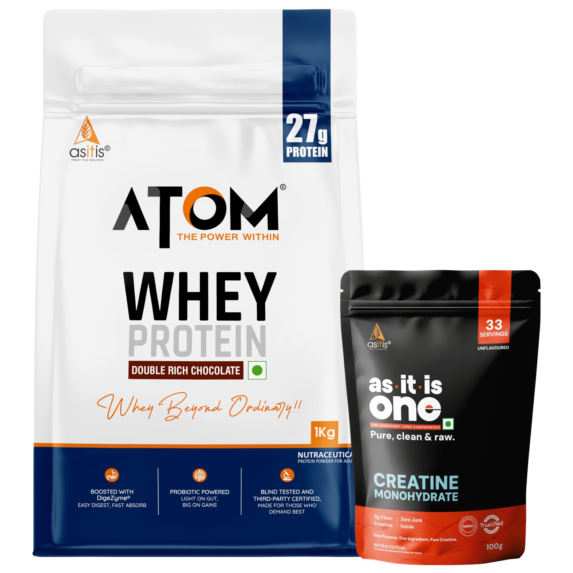 Asitis Nutrition Atom Whey Protein Powder, 27g Protein Per Serving, Isolate & Concentrate Blend, Digestive Enzymes, Labdoor C