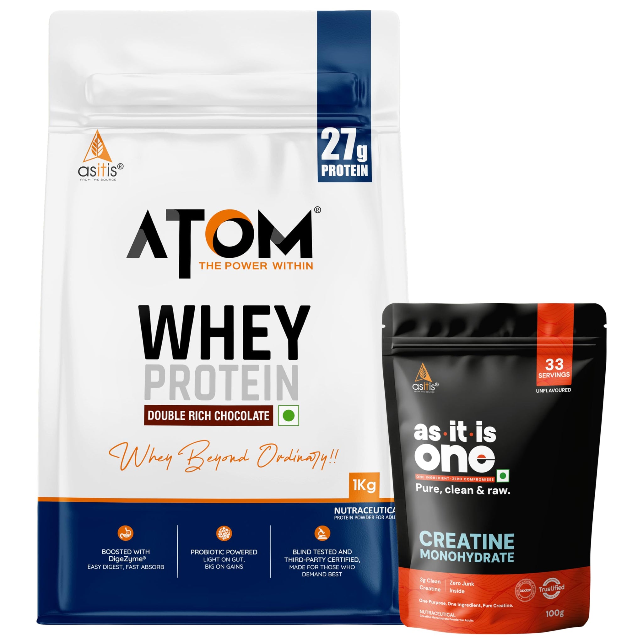 Asitis Nutrition Atom Whey Protein Powder, 27g Protein Per Serving, Isolate & Concentrate Blend, Digestive Enzymes, Labdoor C