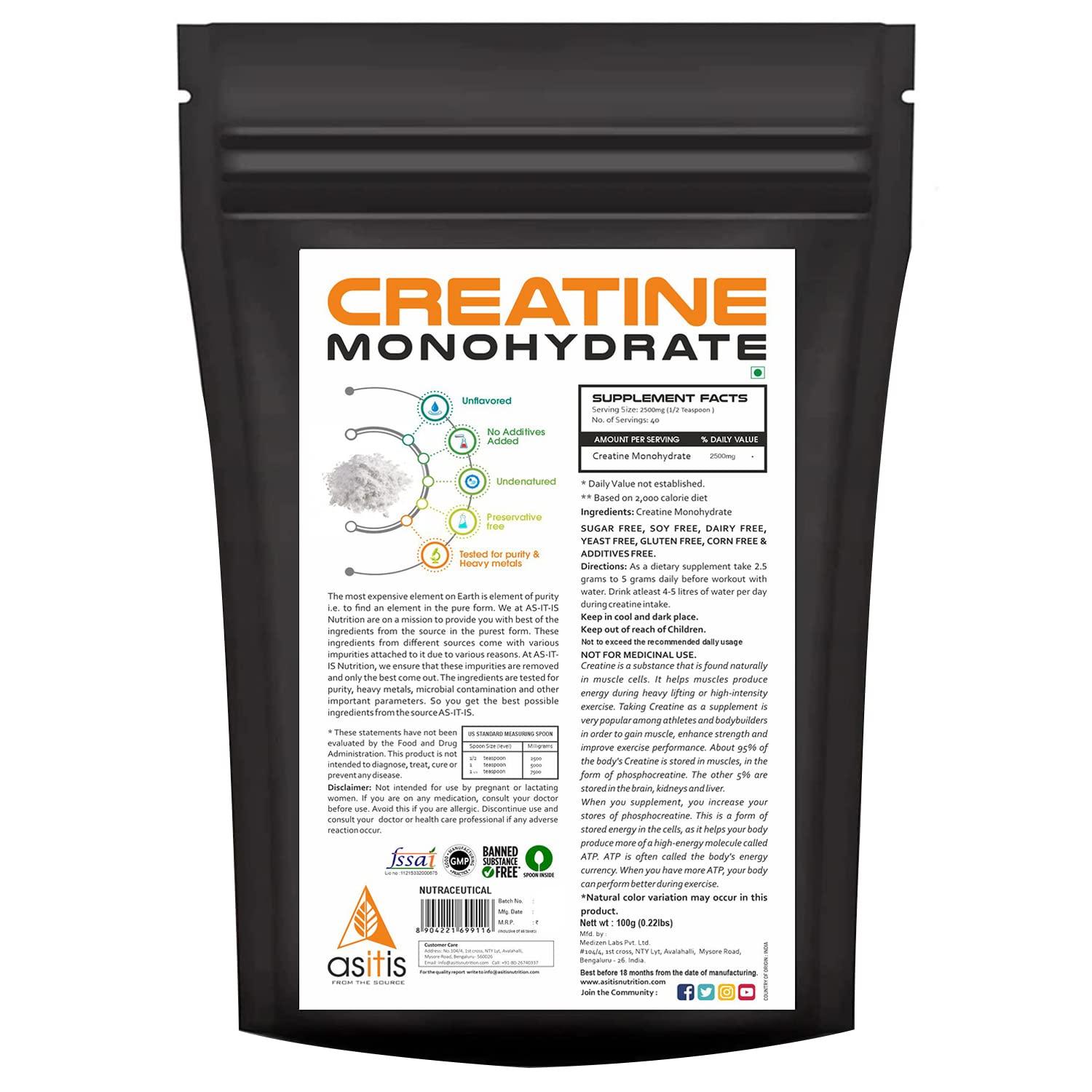 Asitis Nutrition Creatine Monohydrate Unflavoured Micronized Powder Dietary Supplement - packaging (13)